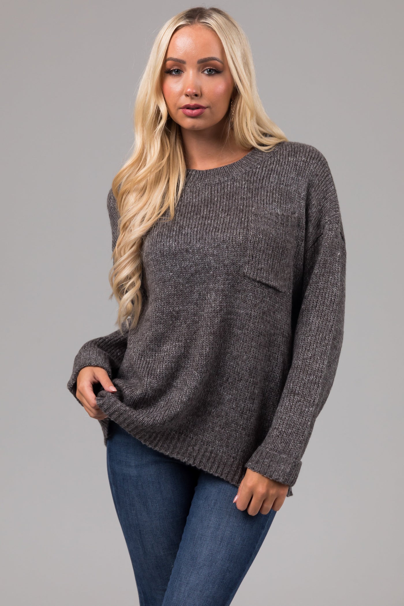 Charcoal Chest Pocket Cuffed Sleeve Sweater