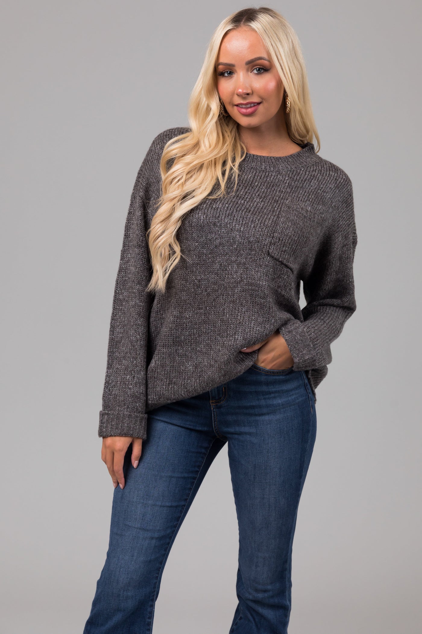 Charcoal Chest Pocket Cuffed Sleeve Sweater