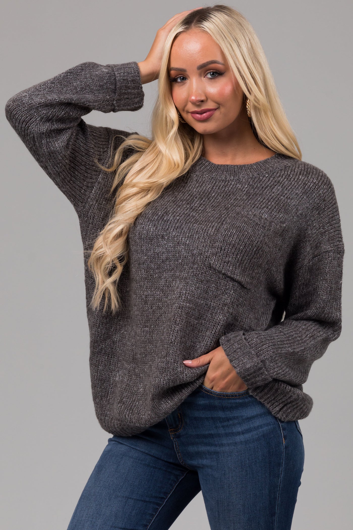Charcoal Chest Pocket Cuffed Sleeve Sweater