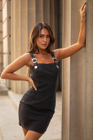 Charcoal Denim Buckle Strap Overall Dress