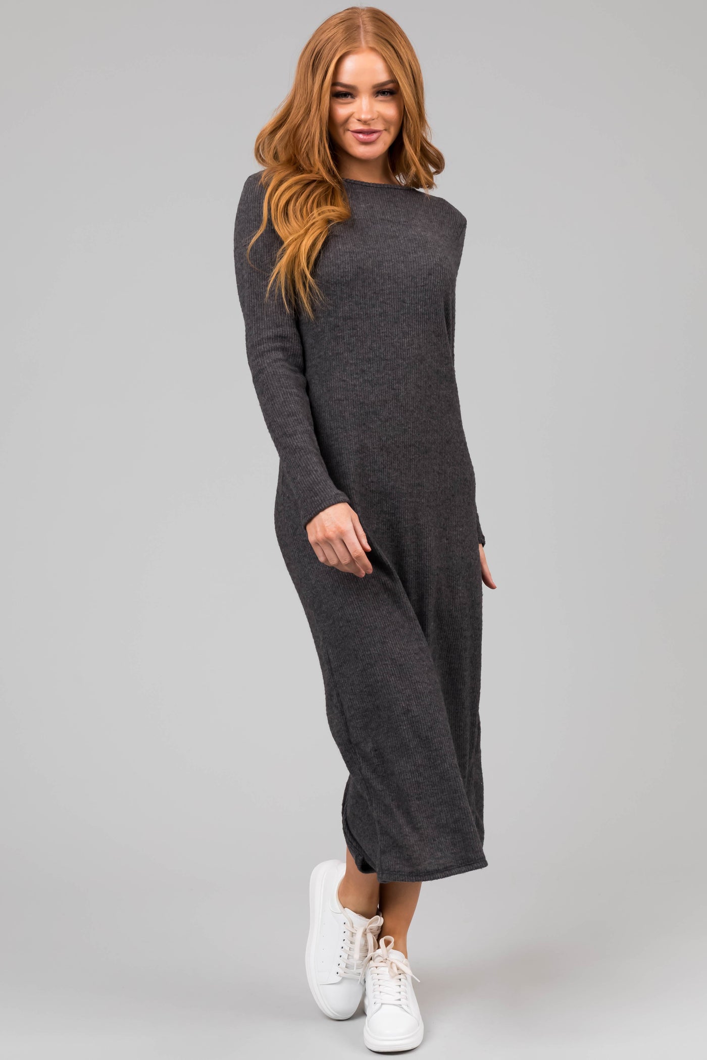 Charcoal Lightweight Knit Long Sleeve Maxi Dress
