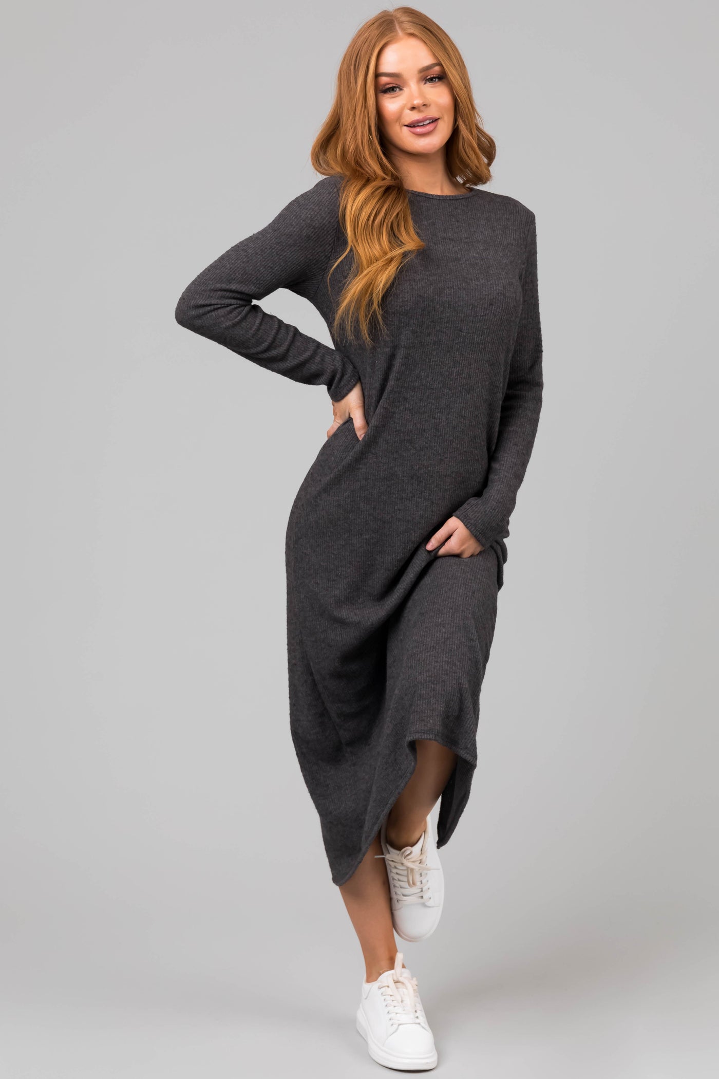 Charcoal Lightweight Knit Long Sleeve Maxi Dress