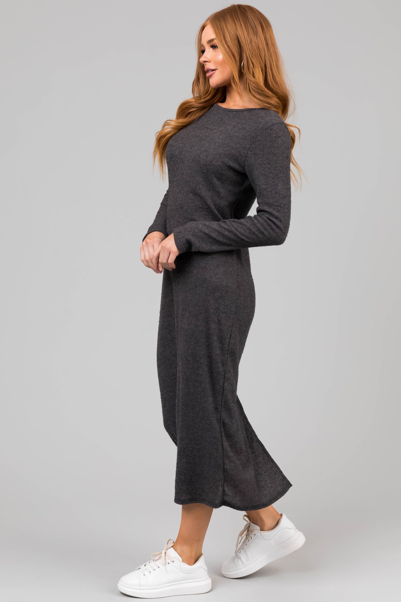 Charcoal Lightweight Knit Long Sleeve Maxi Dress