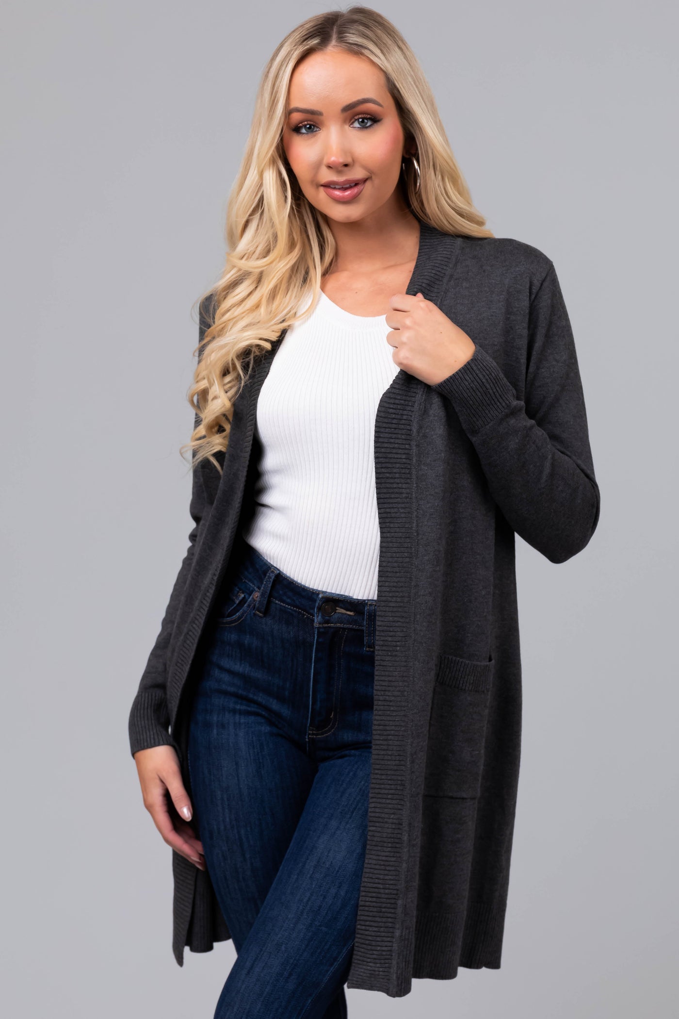 Charcoal Mid Length Lightweight Open Cardigan