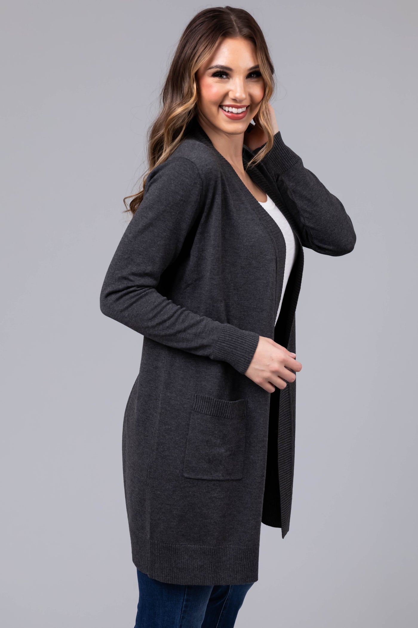 Charcoal Mid Length Lightweight Open Cardigan