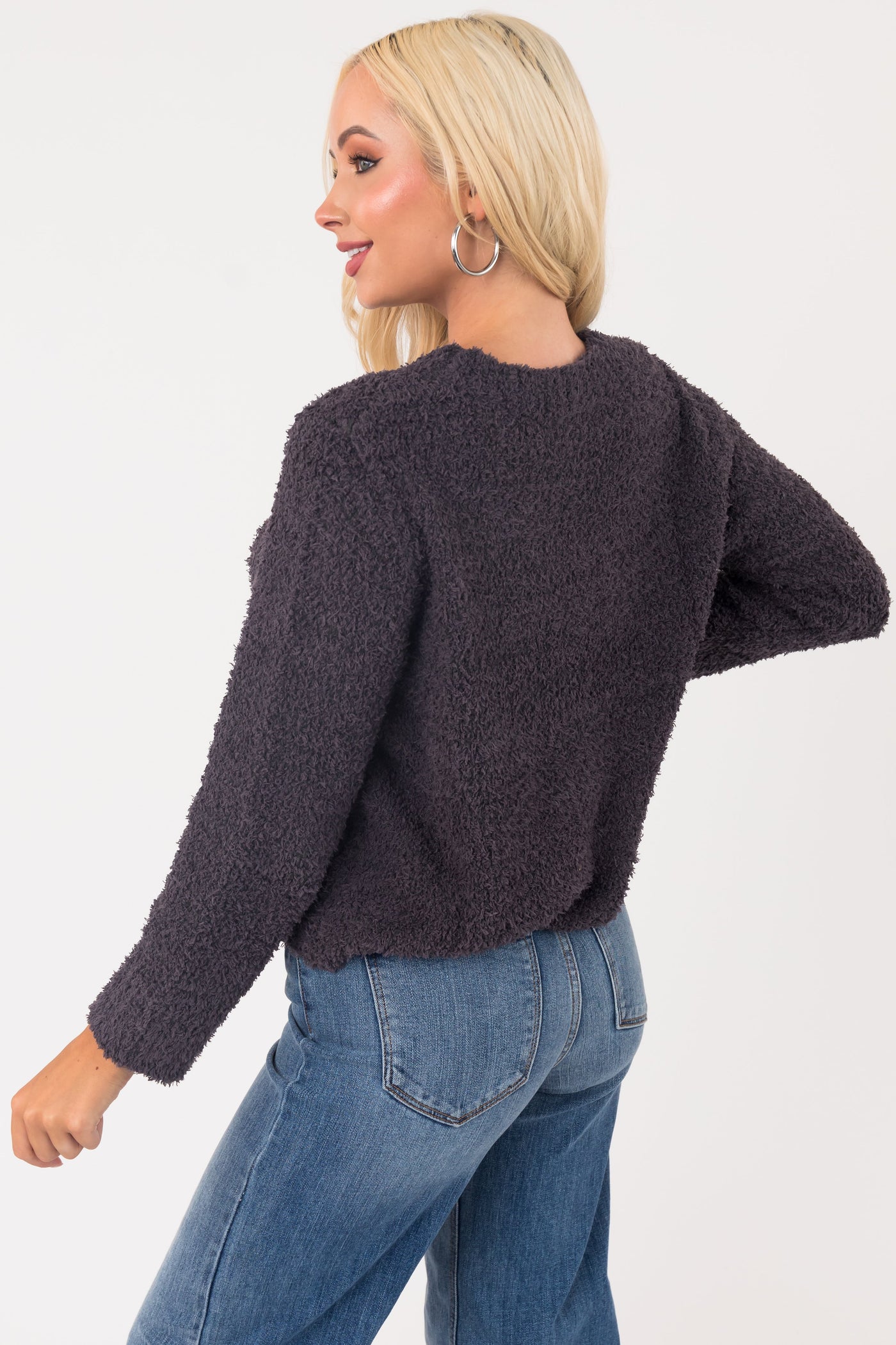 Charcoal Round Neck Soft Fuzzy Sweater