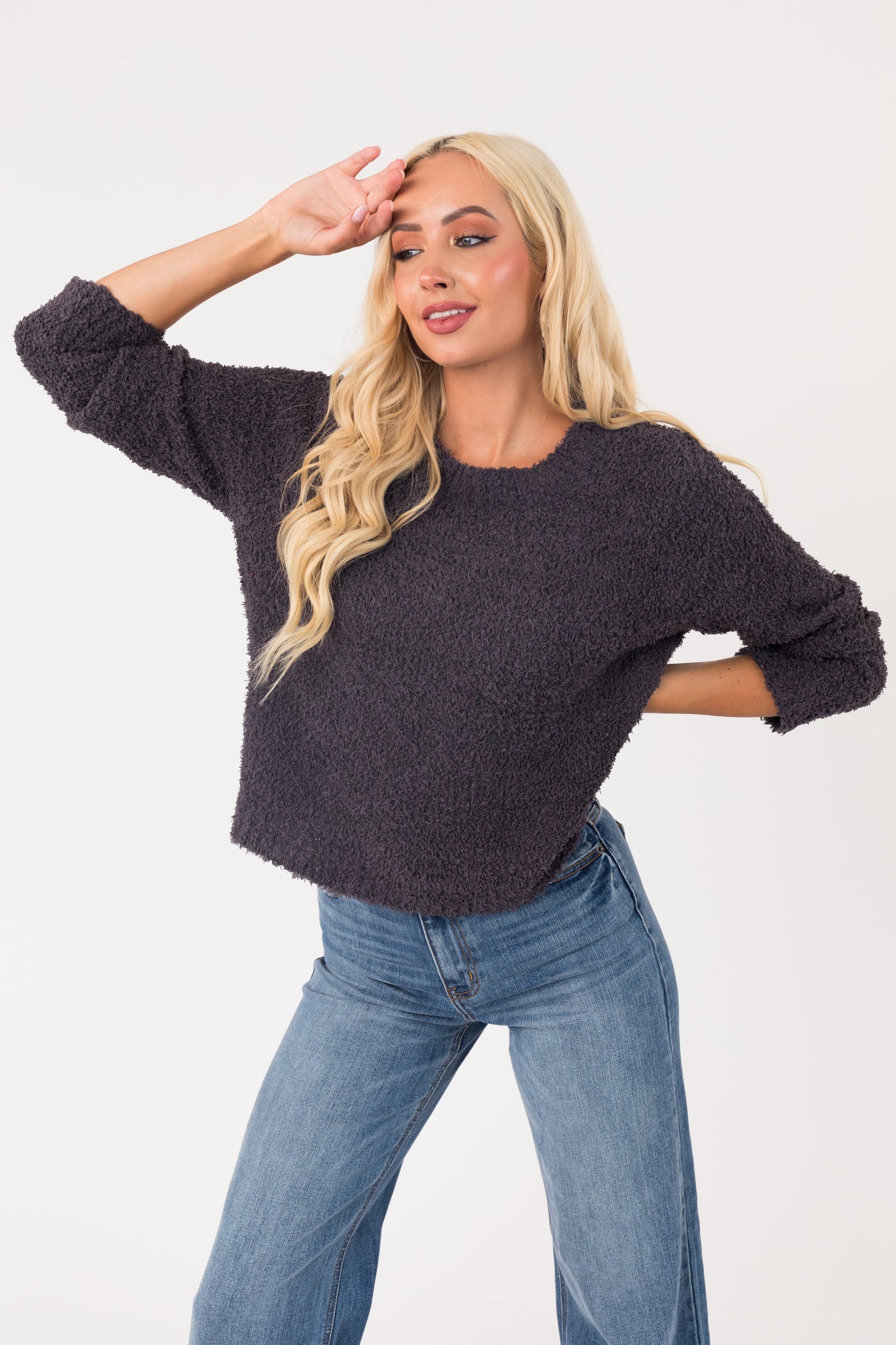 Charcoal Round Neck Soft Fuzzy Sweater