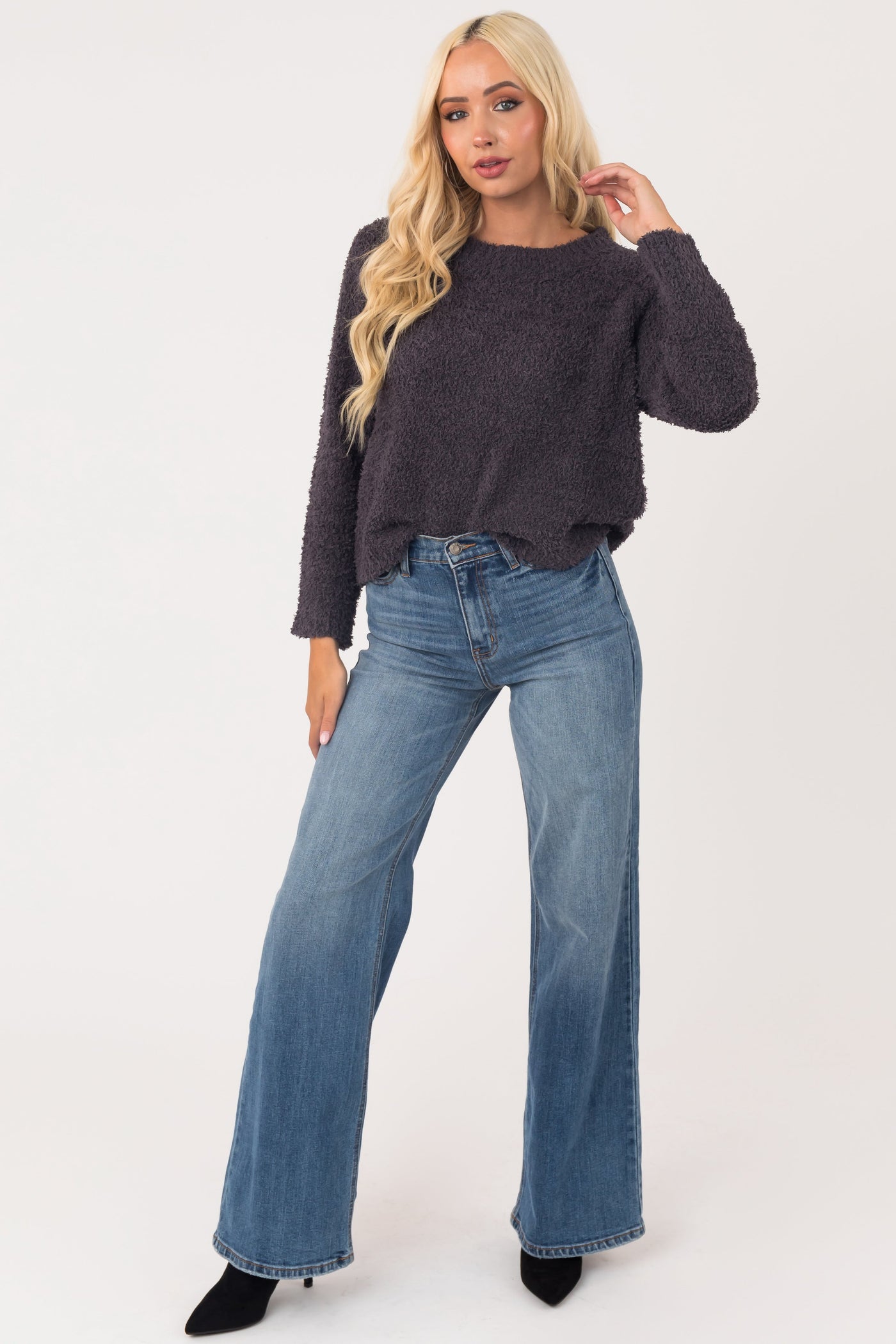 Charcoal Round Neck Soft Fuzzy Sweater