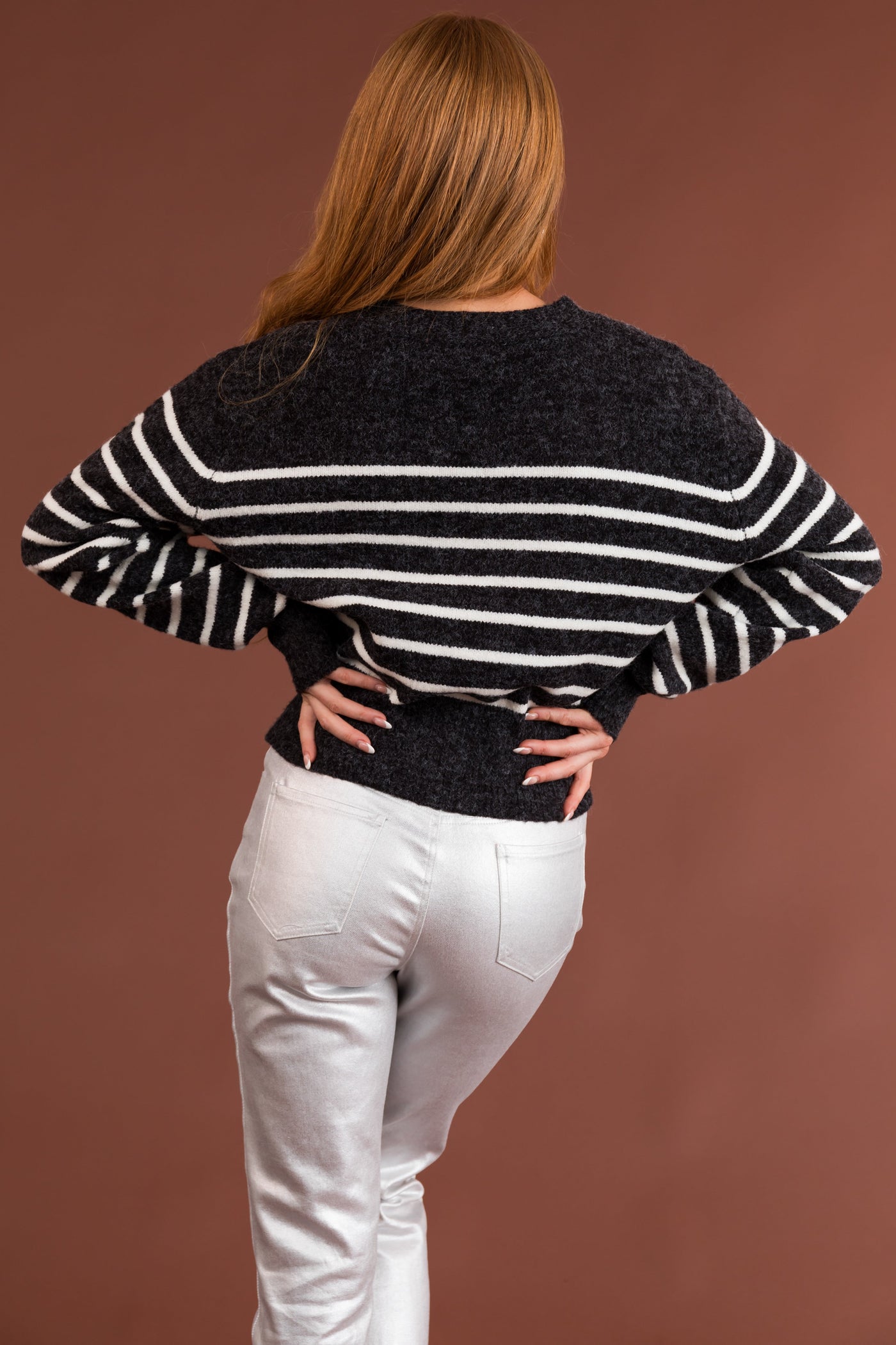 Charcoal Striped Cropped Button Up Cardigan