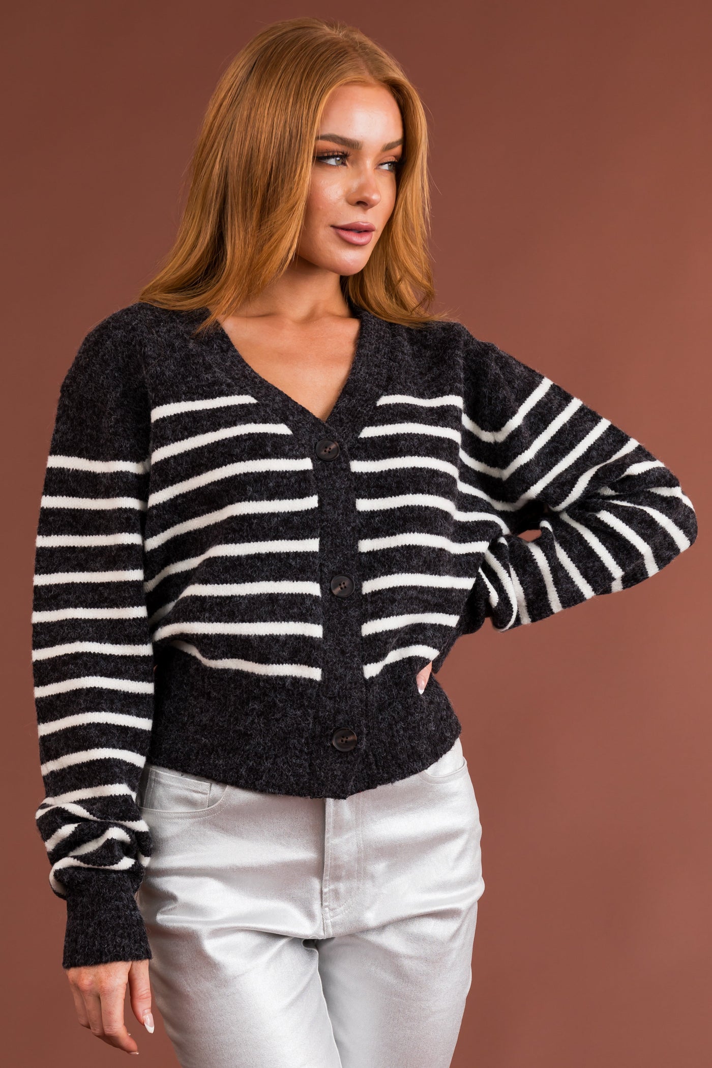 Charcoal Striped Cropped Button Up Cardigan