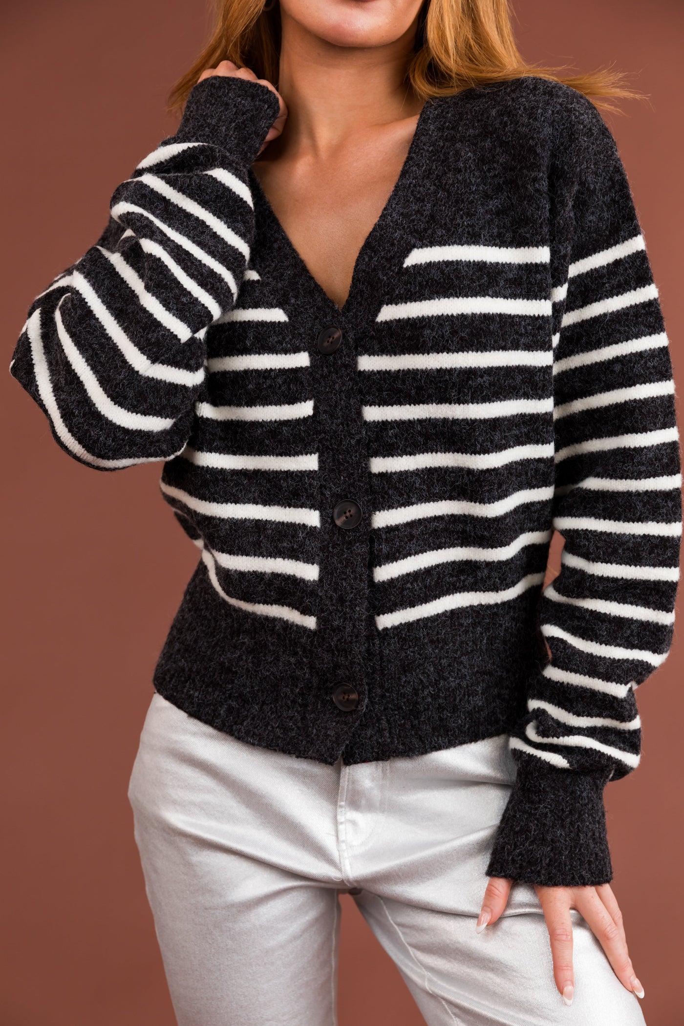 Charcoal Striped Cropped Button Up Cardigan