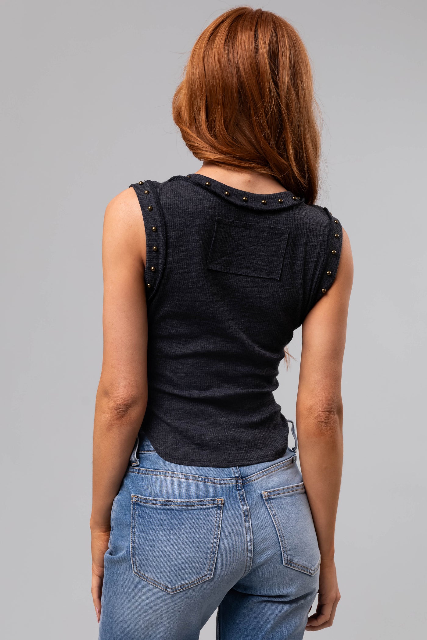 Charcoal Studded Trim Ribbed Knit Tank Top