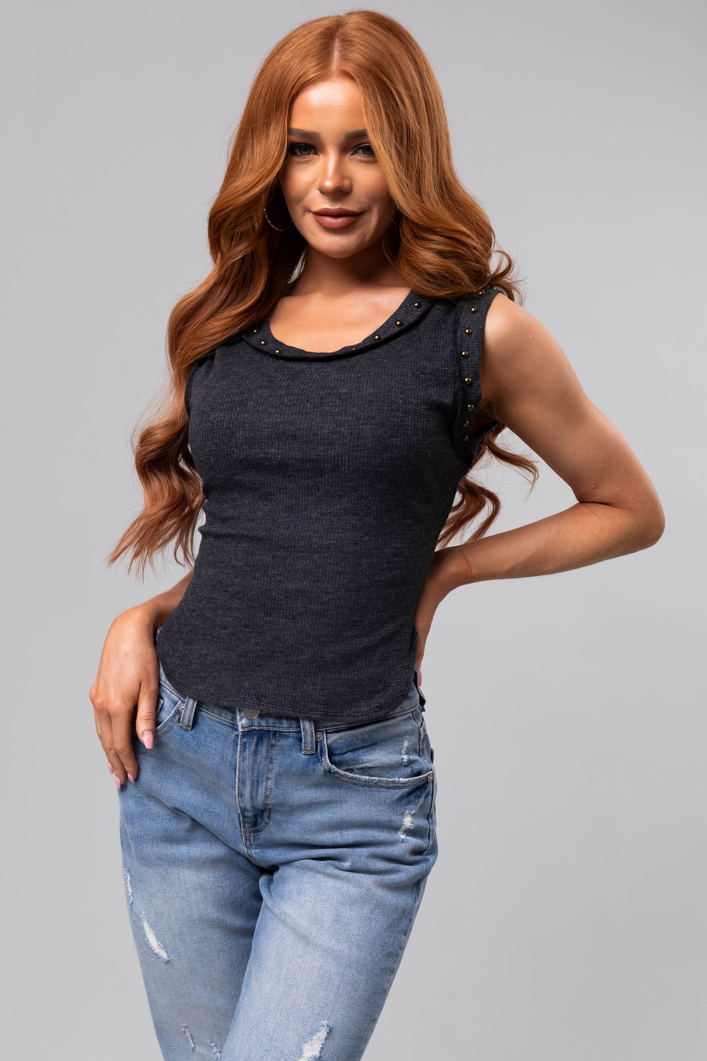 Charcoal Studded Trim Ribbed Knit Tank Top