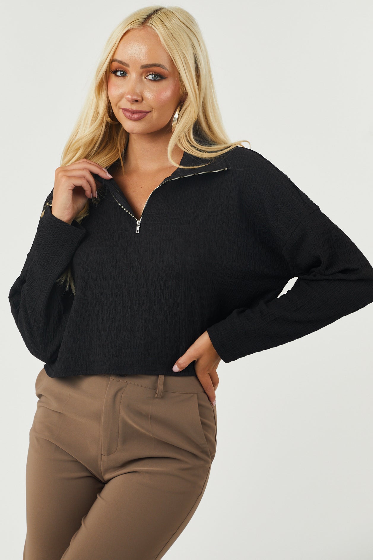 Charcoal Textured Half Zip Up Collared Top