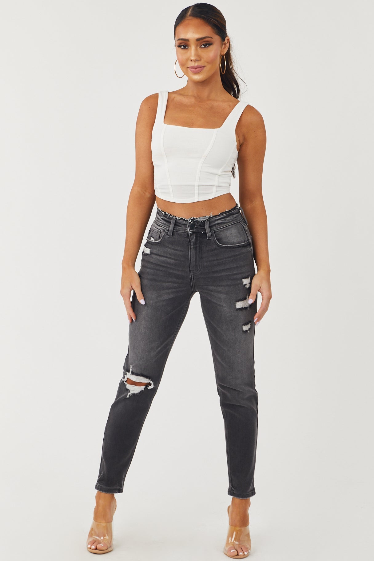 Charcoal Wash Distressed High Rise Jeans