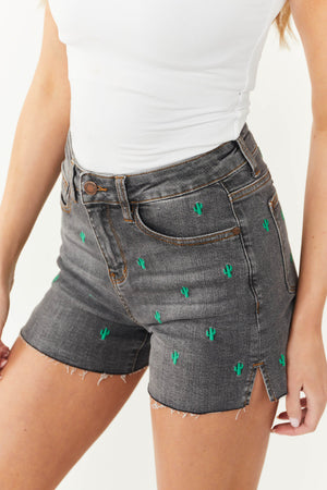 Charcoal Washed Cactus Embroidery Cut Off Shorts
