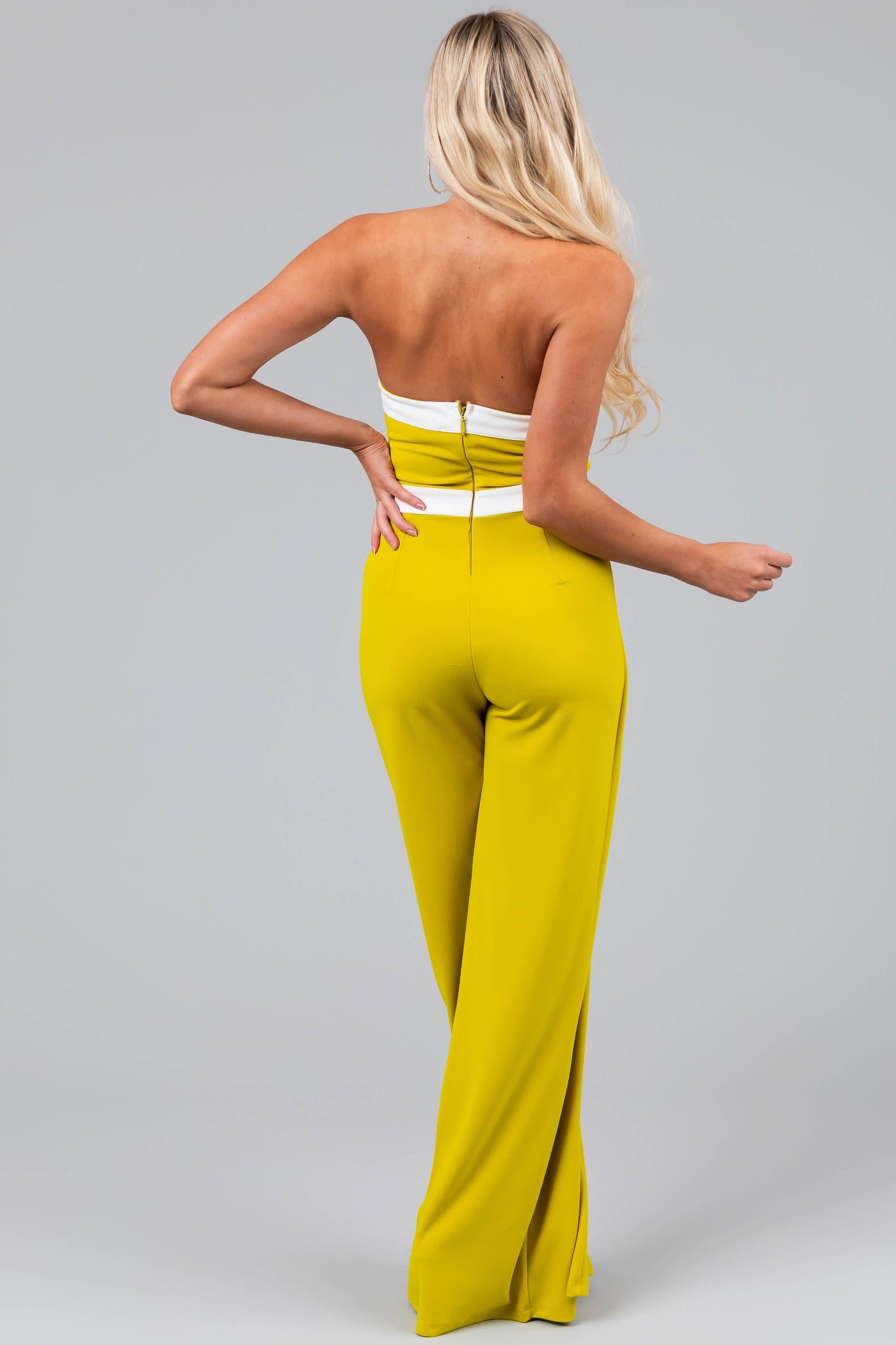Chartreuse and Off White Strapless Jumpsuit