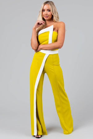 Chartreuse and Off White Strapless Jumpsuit
