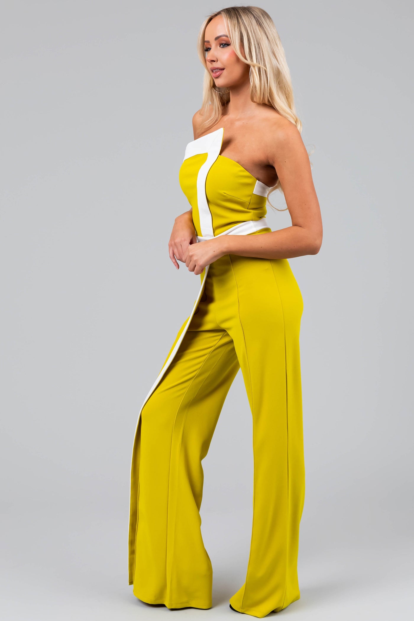 Chartreuse and Off White Strapless Jumpsuit