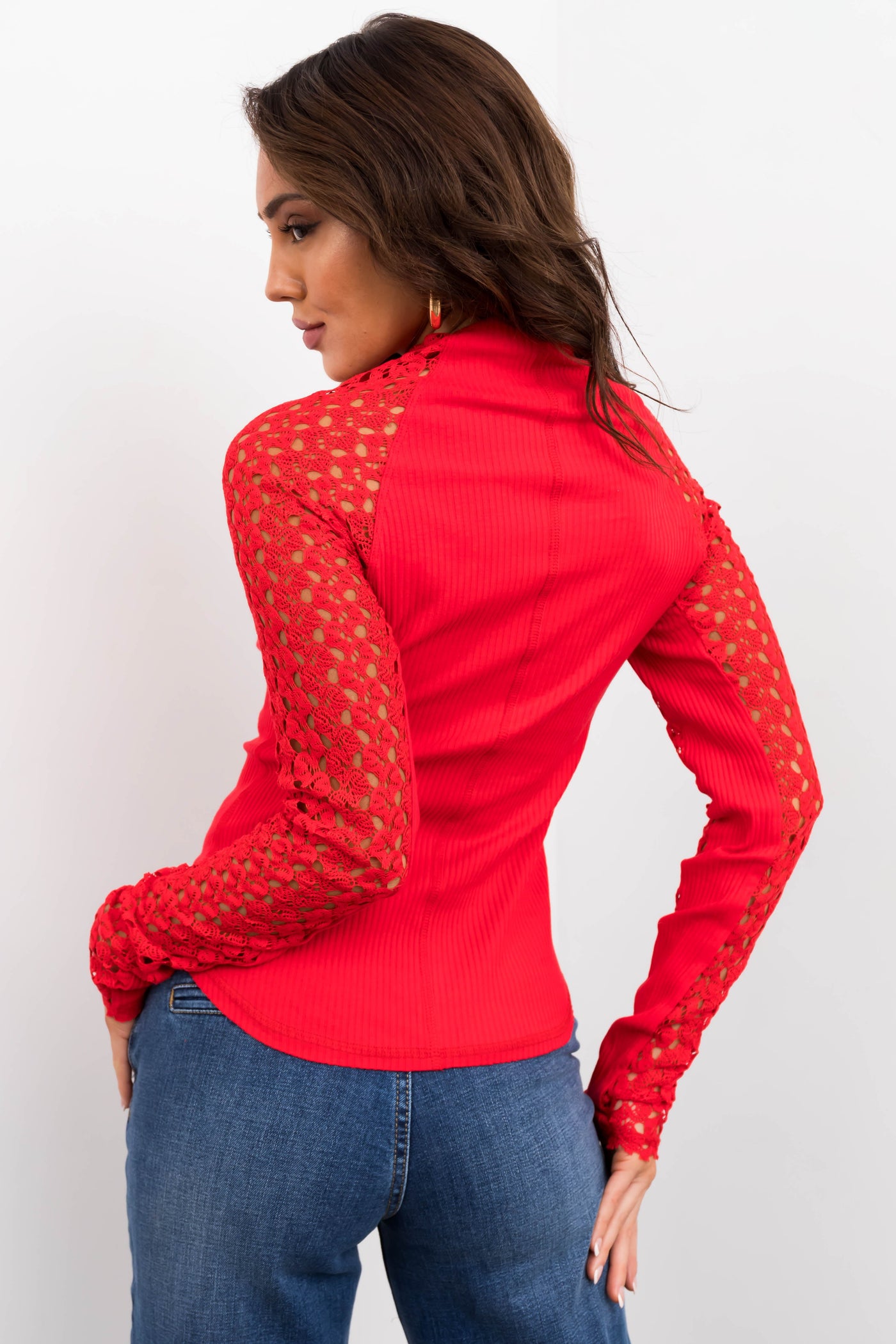 Cherry Crochet Lace Long Sleeve Ribbed Top