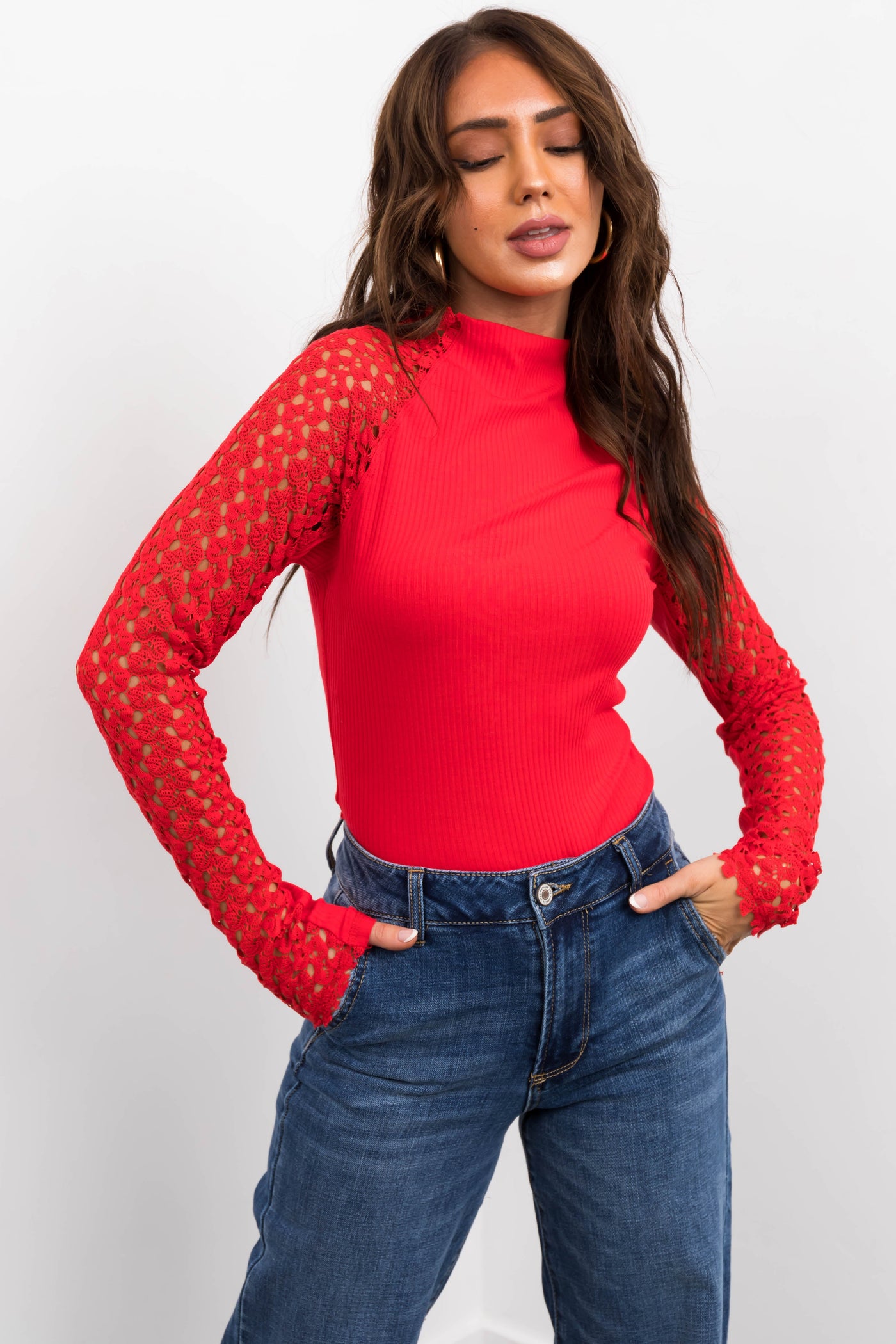 Cherry Crochet Lace Long Sleeve Ribbed Top