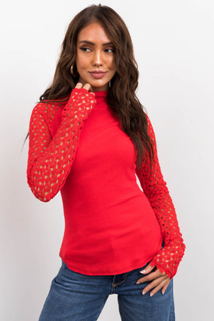Cherry Crochet Lace Long Sleeve Ribbed Top