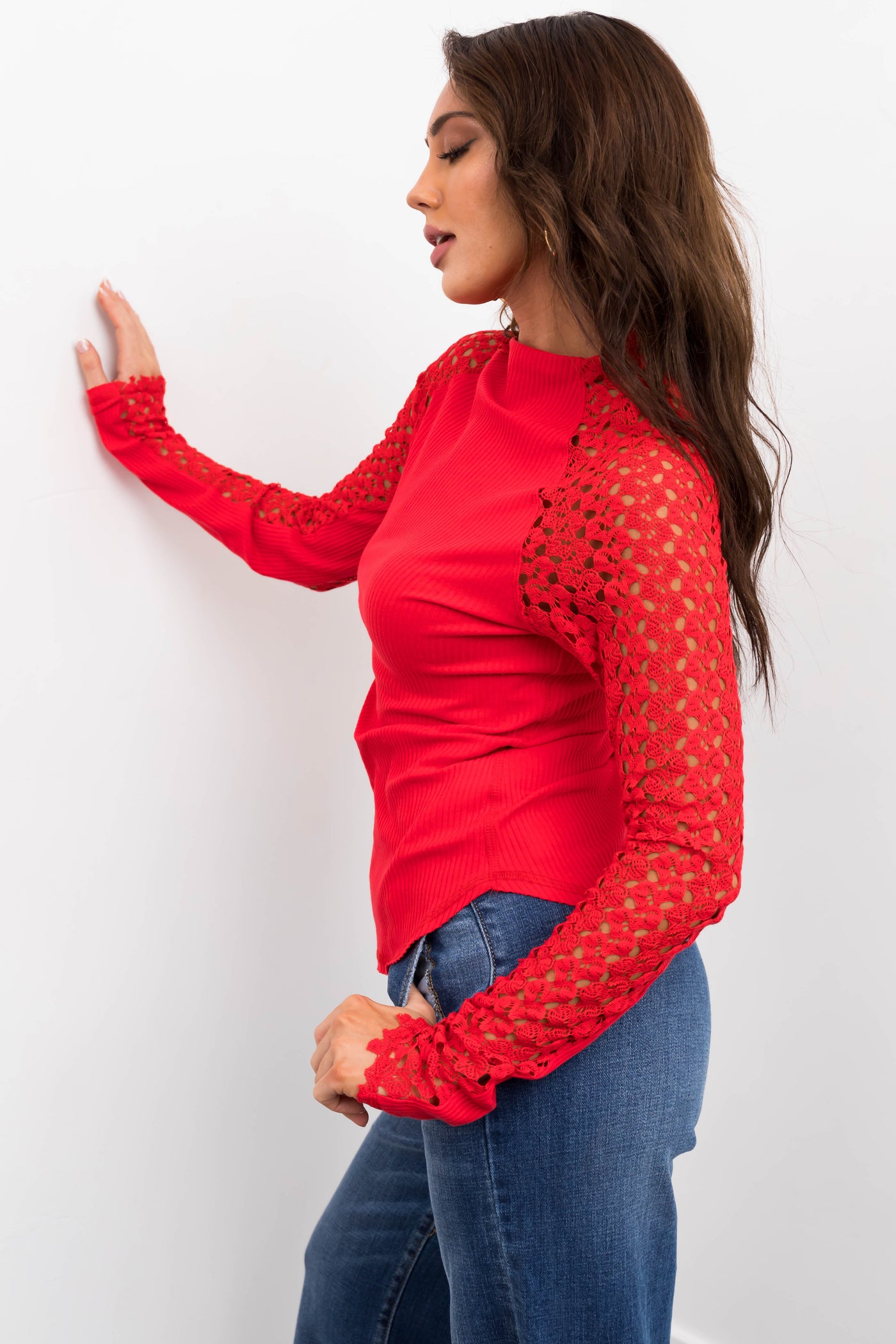 Cherry Crochet Lace Long Sleeve Ribbed Top