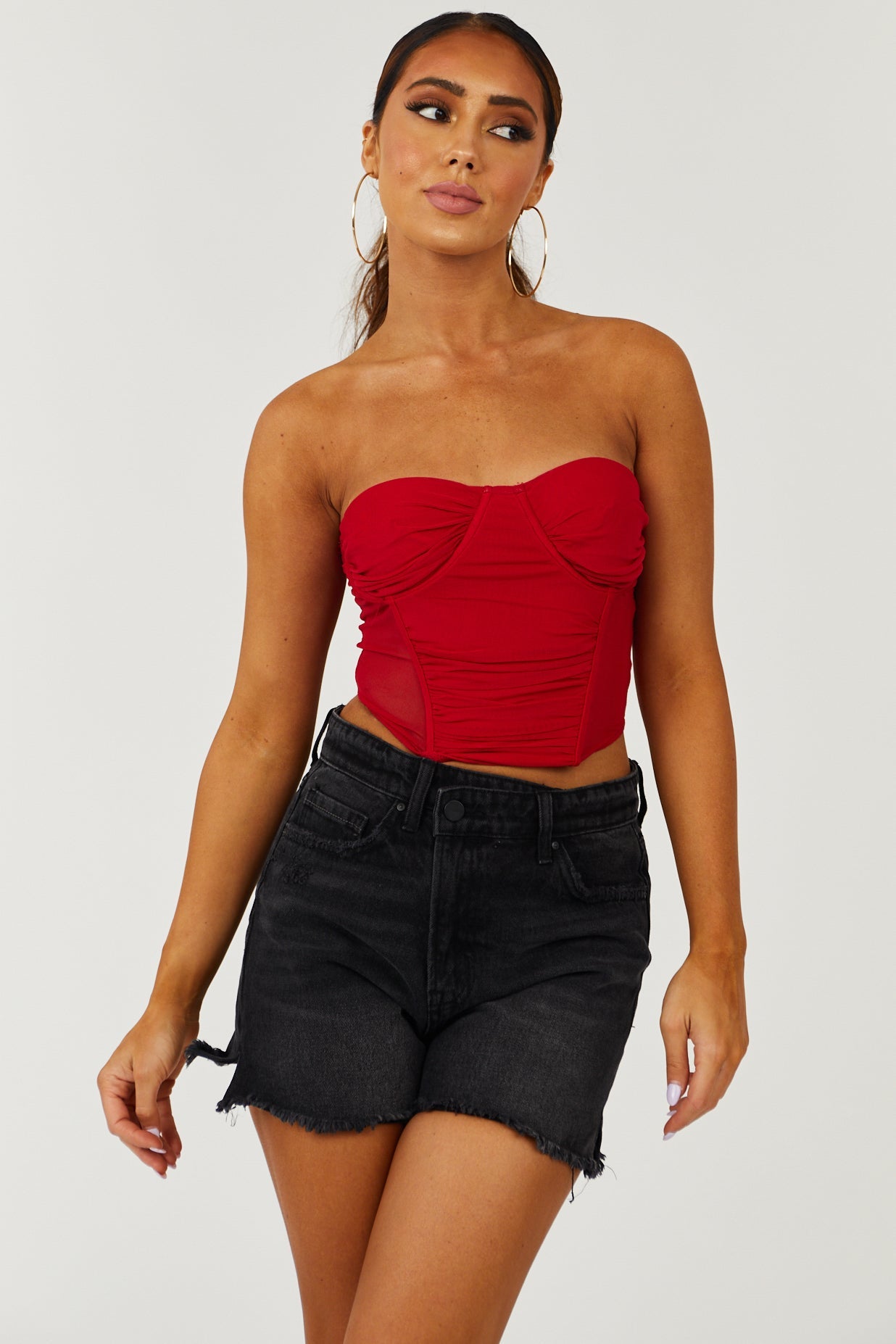 Cherry Red Mesh Strapless Corset Crop Top