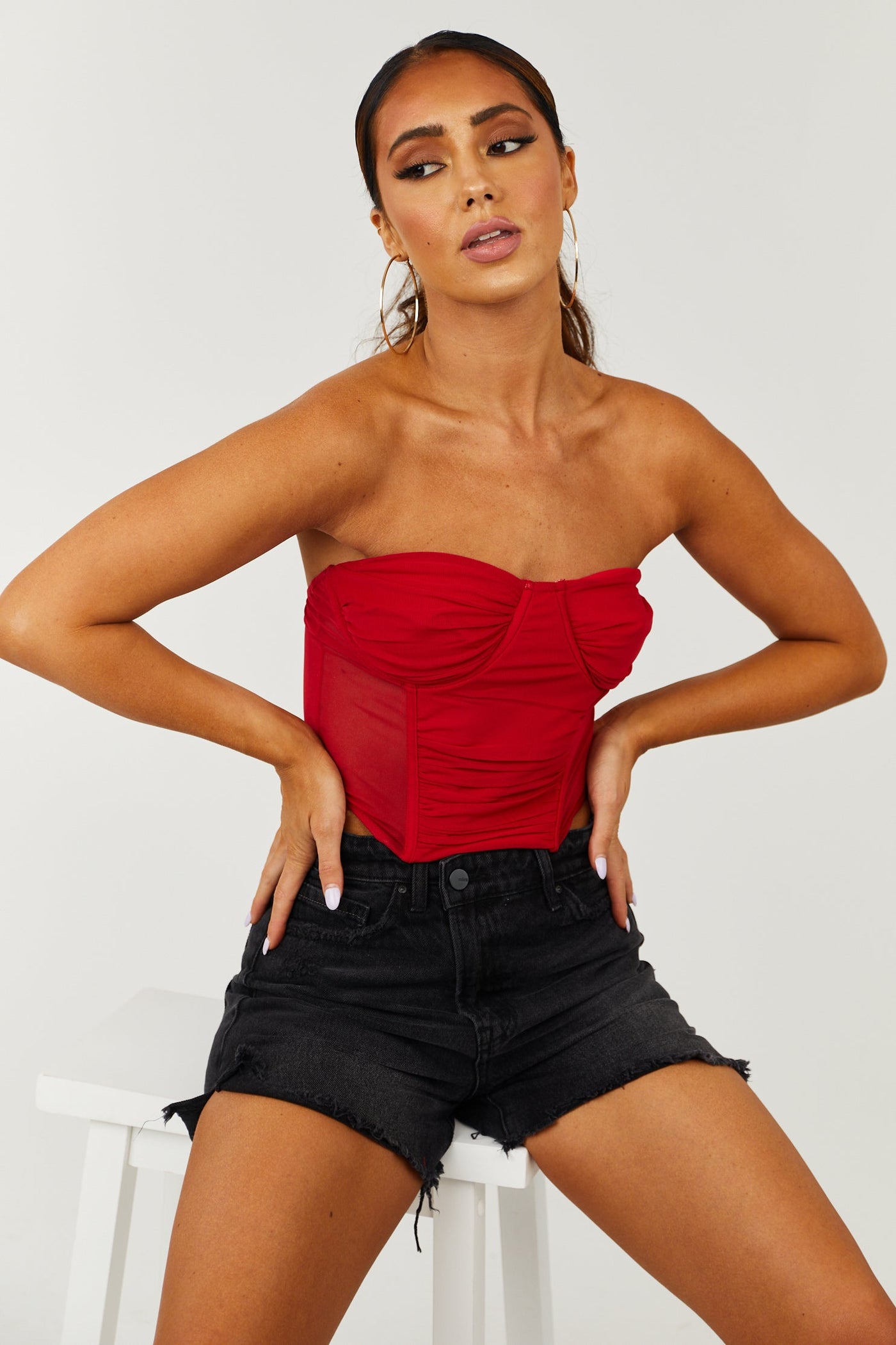 Cherry Red Mesh Strapless Corset Crop Top