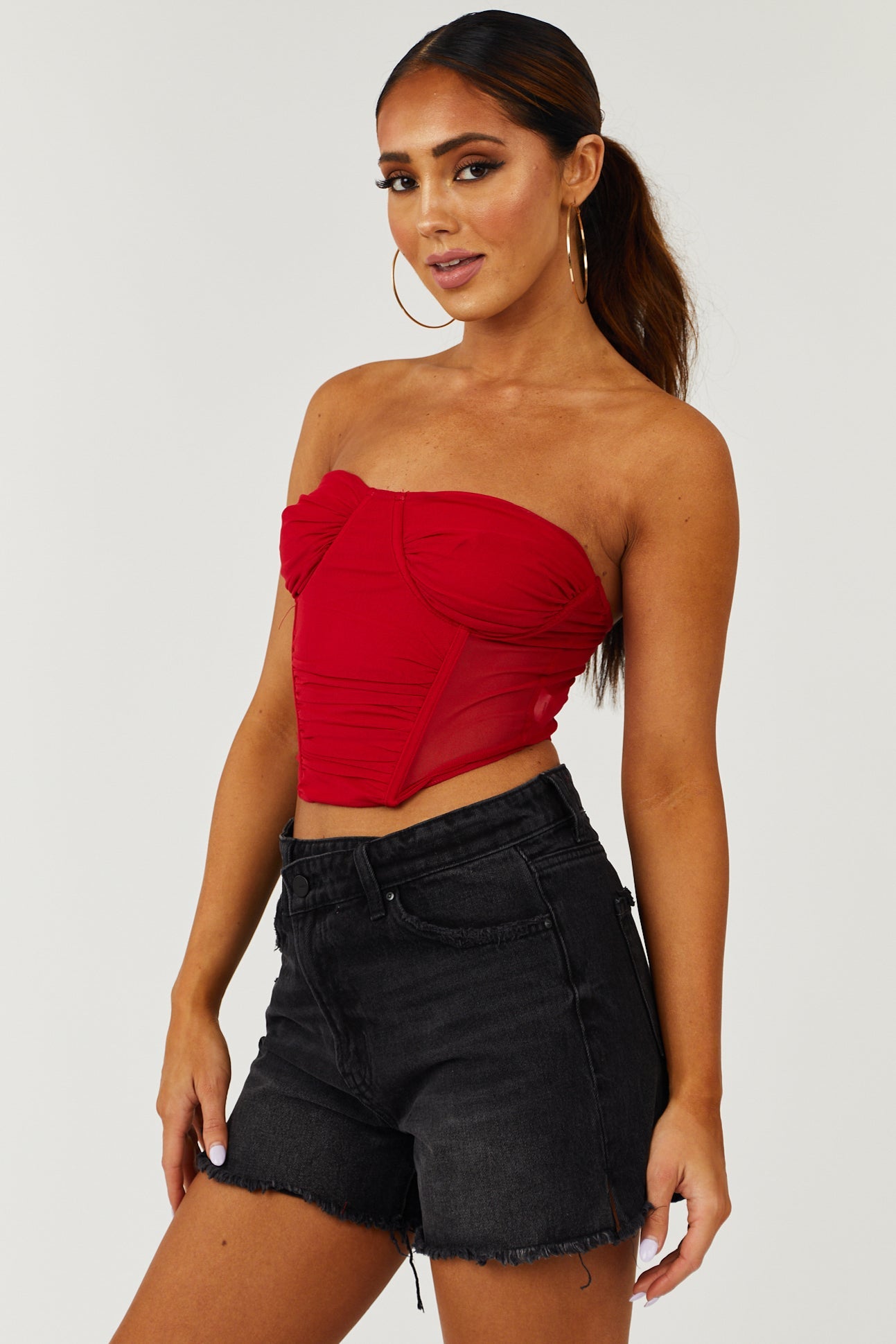 Cherry Red Mesh Strapless Corset Crop Top