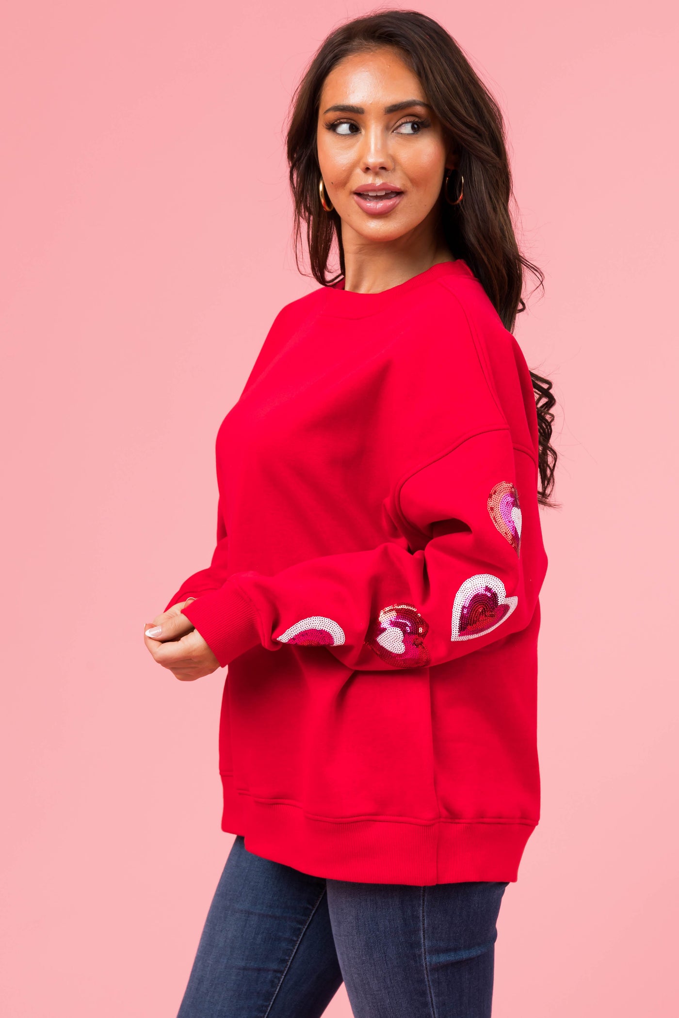 Cherry Sequin Heart Sleeve Fleece Sweatshirt
