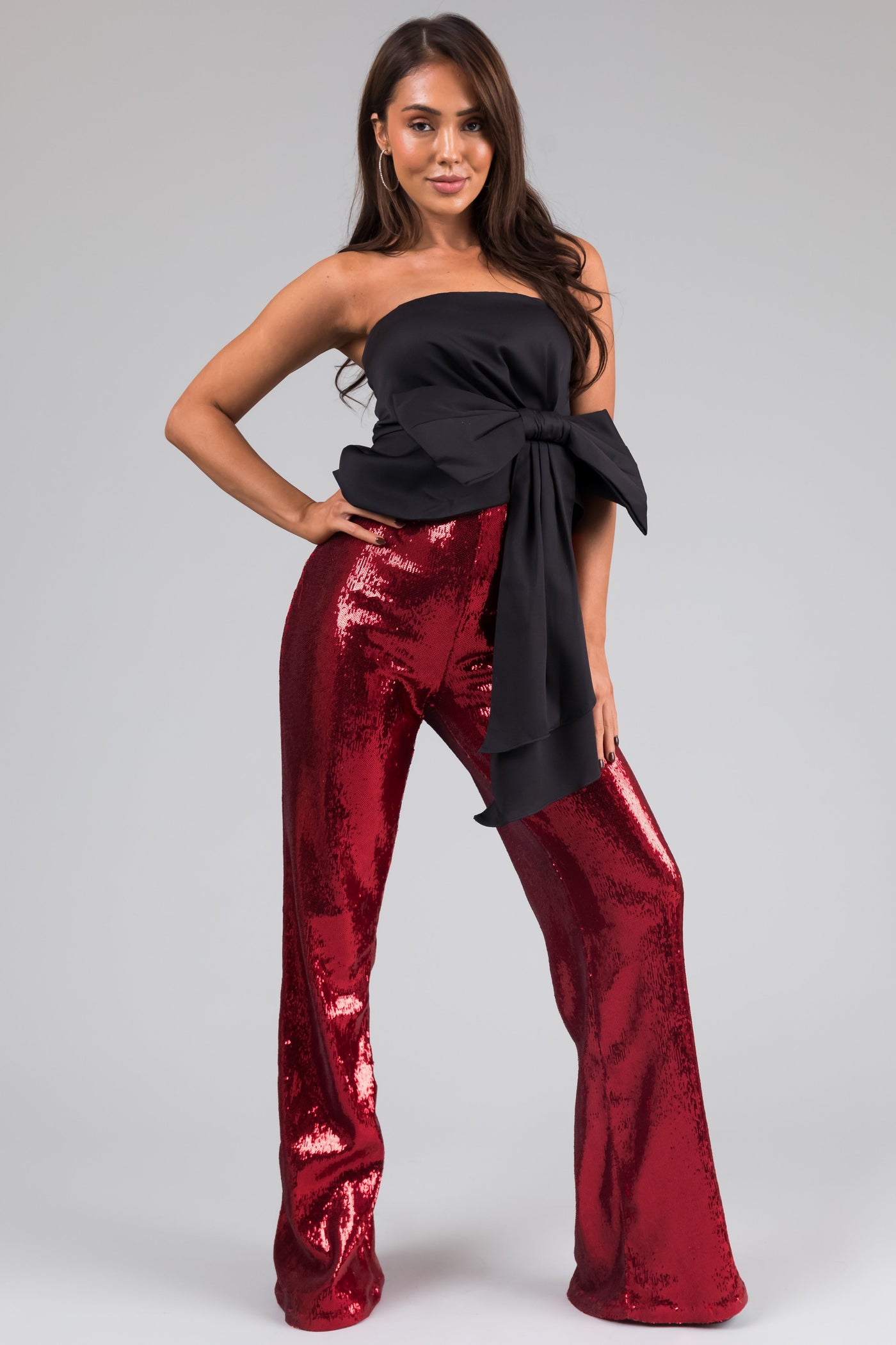 Cherry Sequined Wide Leg High Waisted Pants