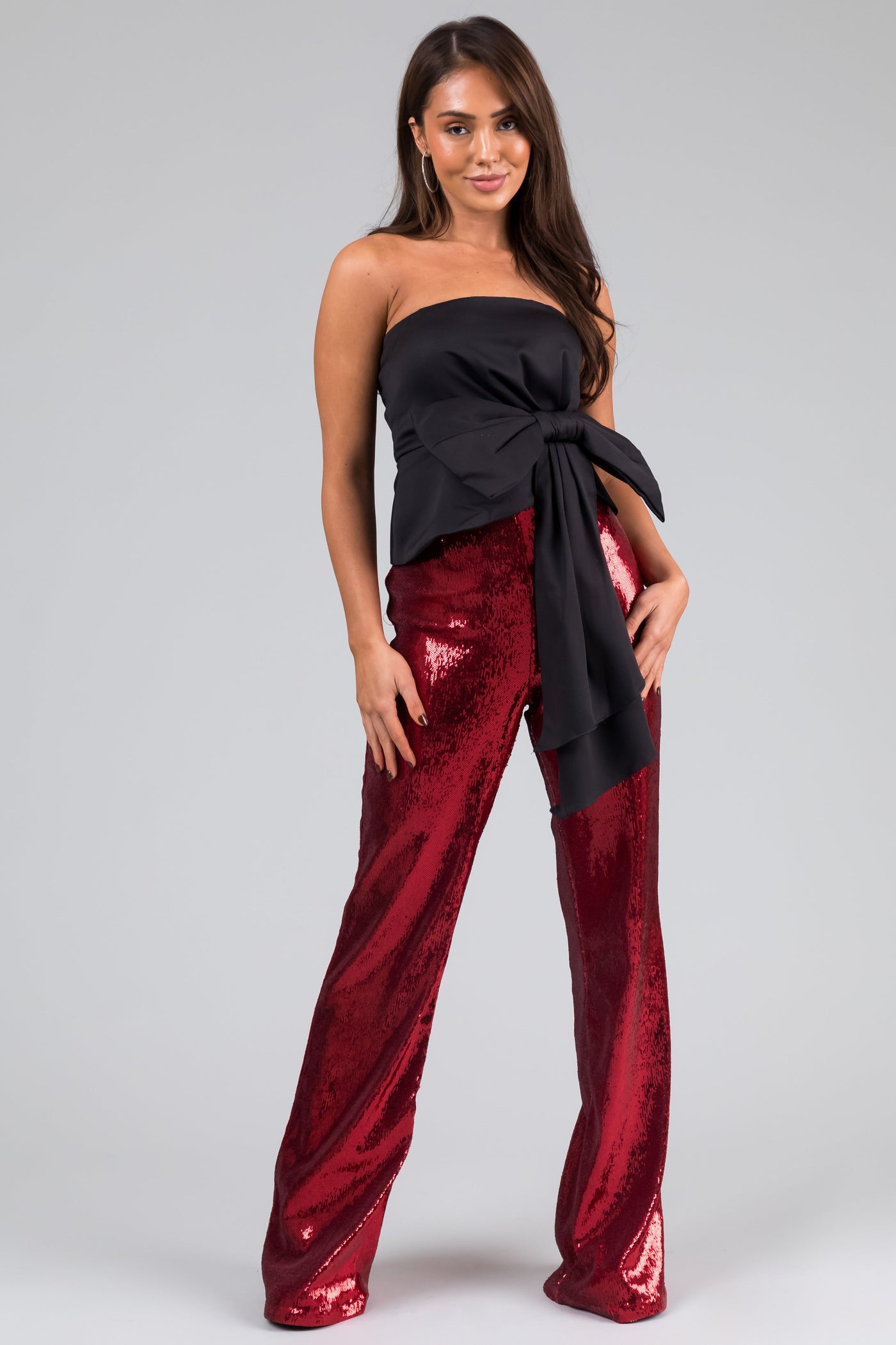 Cherry Sequined Wide Leg High Waisted Pants