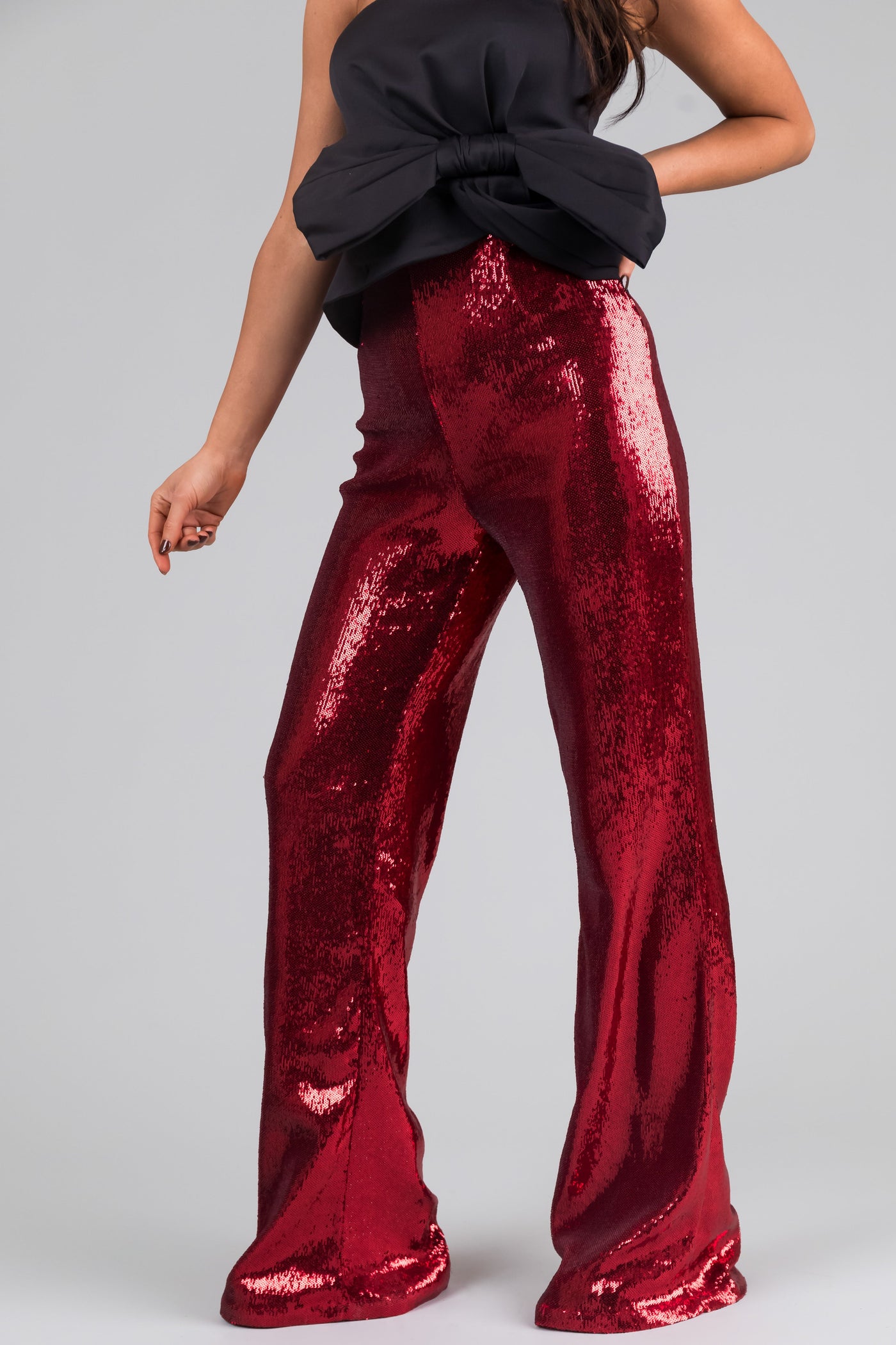 Cherry Sequined Wide Leg High Waisted Pants