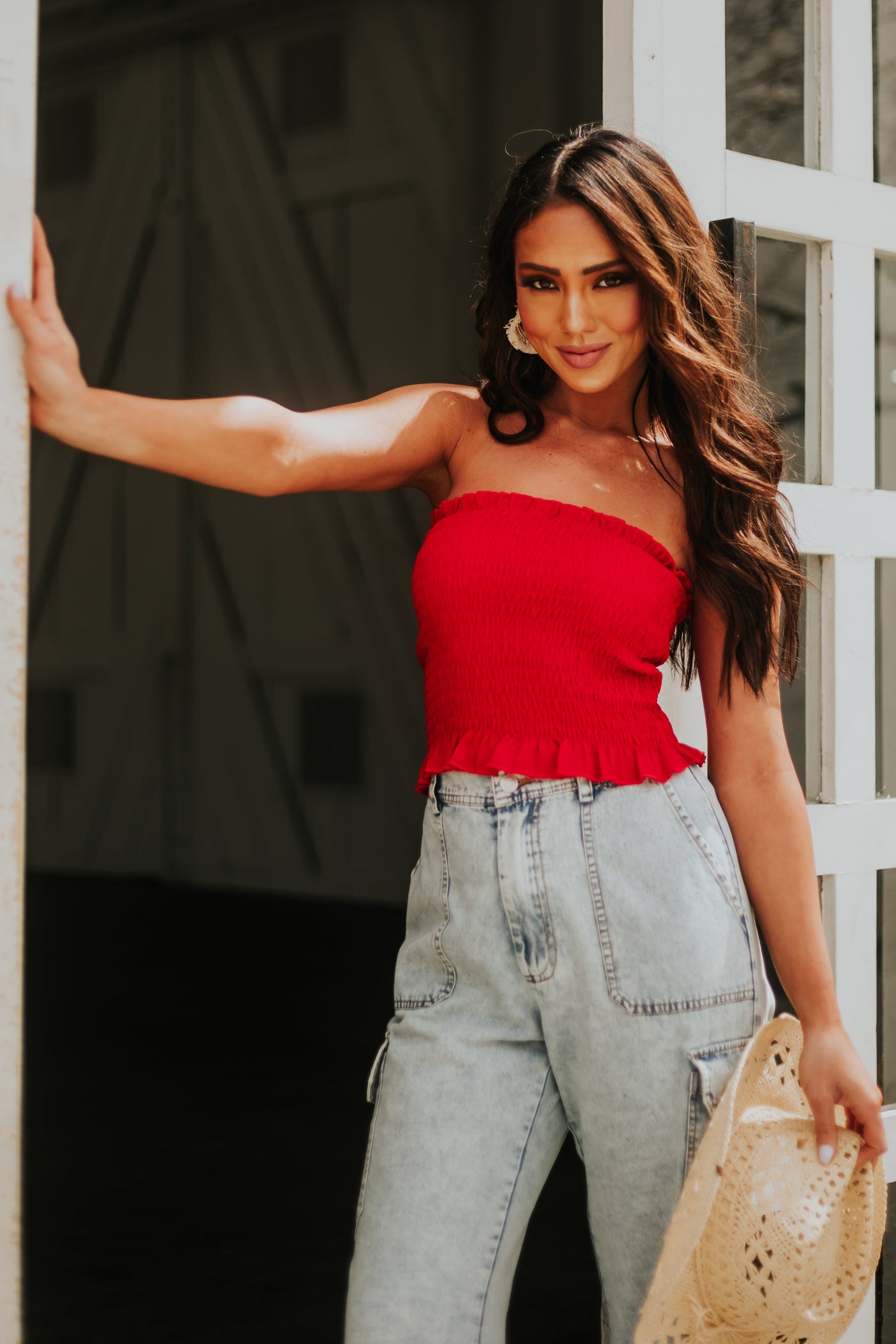 Cherry Smocked Strapless Ruffle Hem Bandeau Top