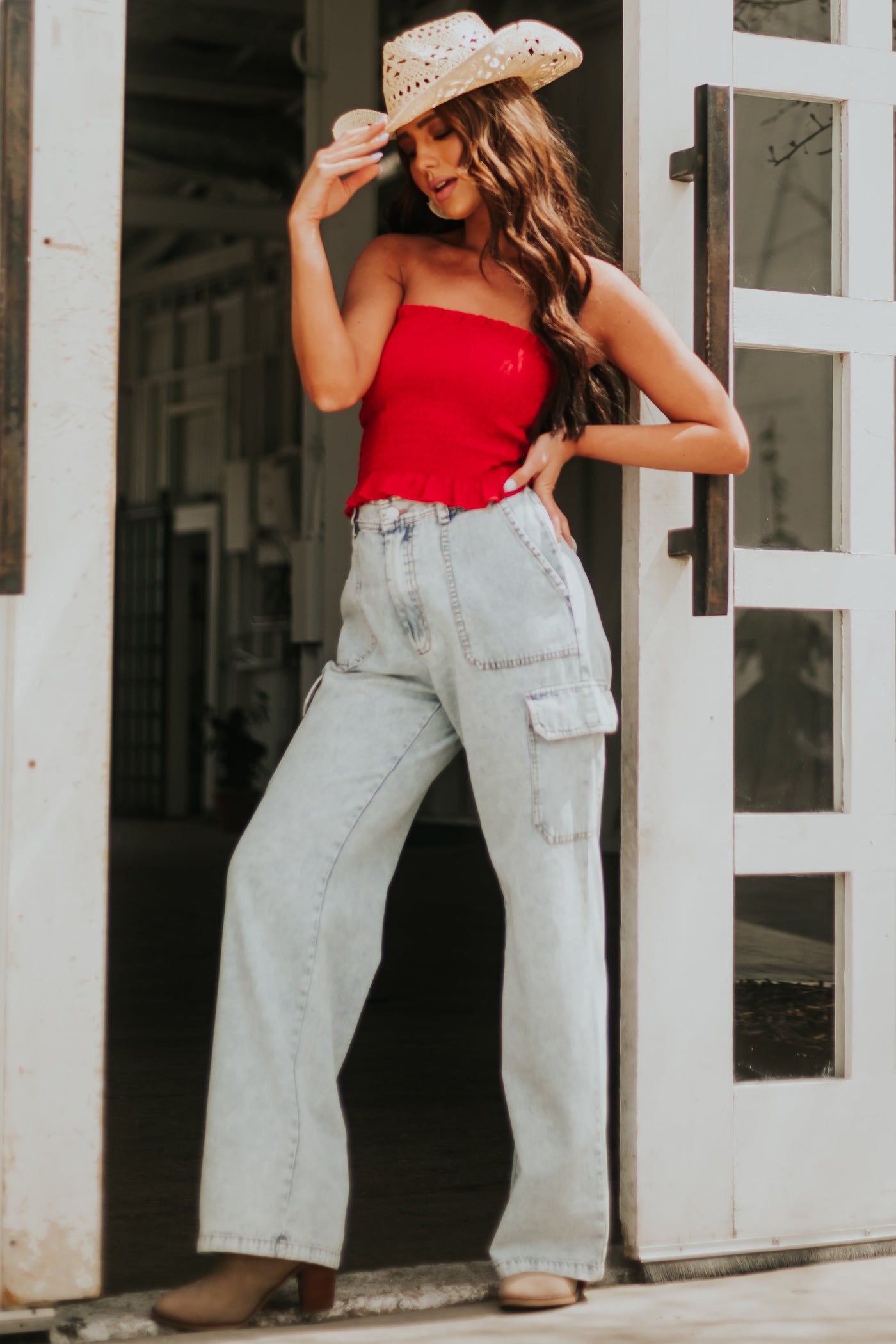 Cherry Smocked Strapless Ruffle Hem Bandeau Top