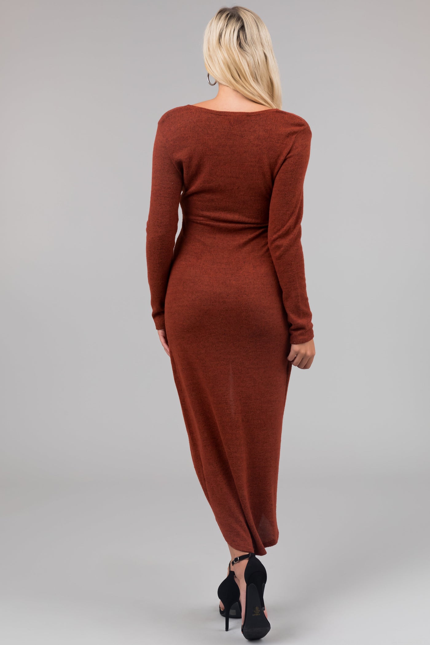 Chloe Rust Two Tone Long Sleeve Twist Knot Midi Dress