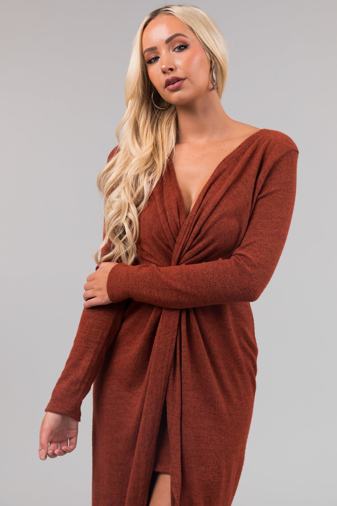 Chloe Rust Two Tone Long Sleeve Twist Knot Midi Dress