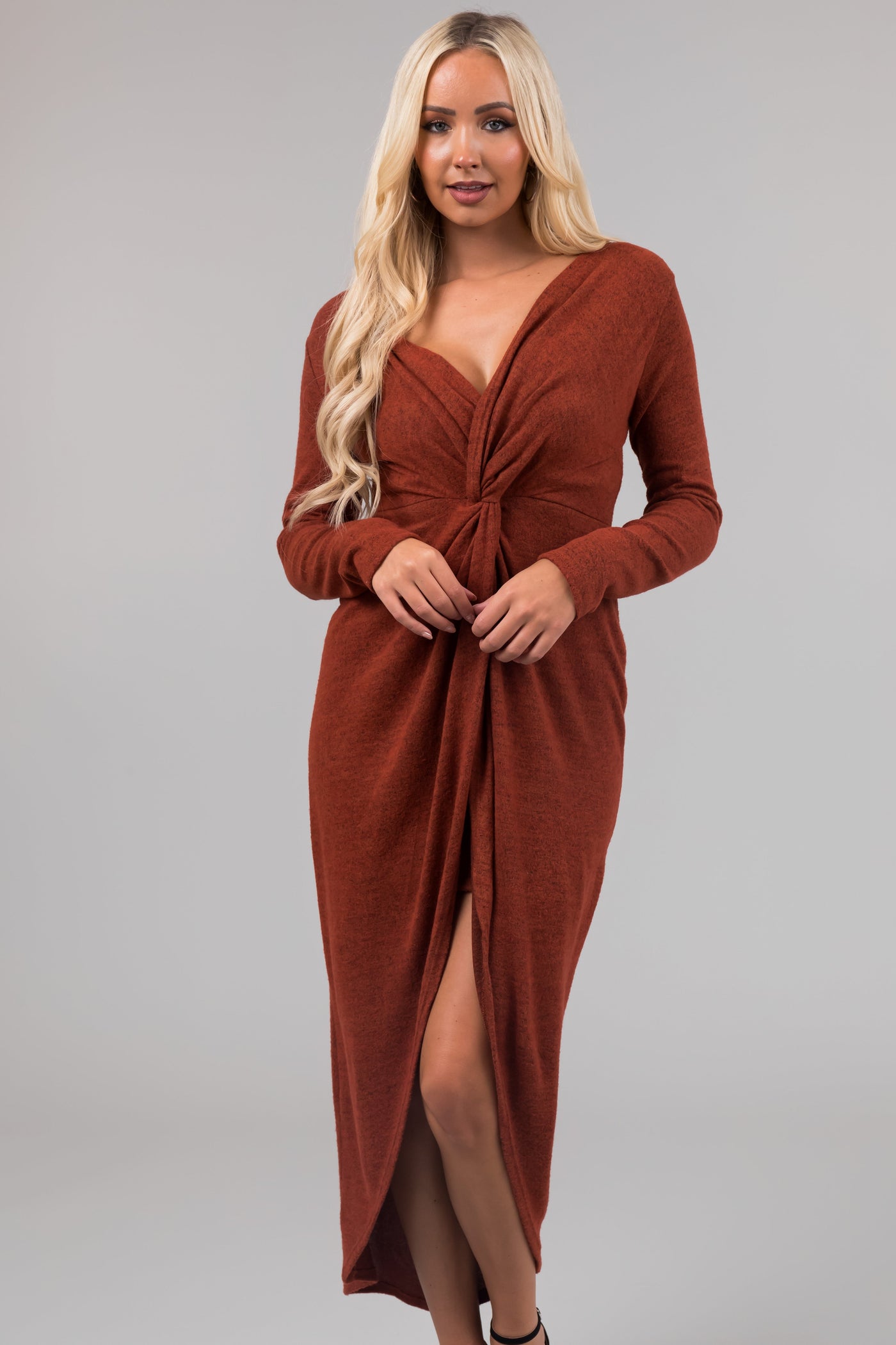 Chloe Rust Two Tone Long Sleeve Twist Knot Midi Dress
