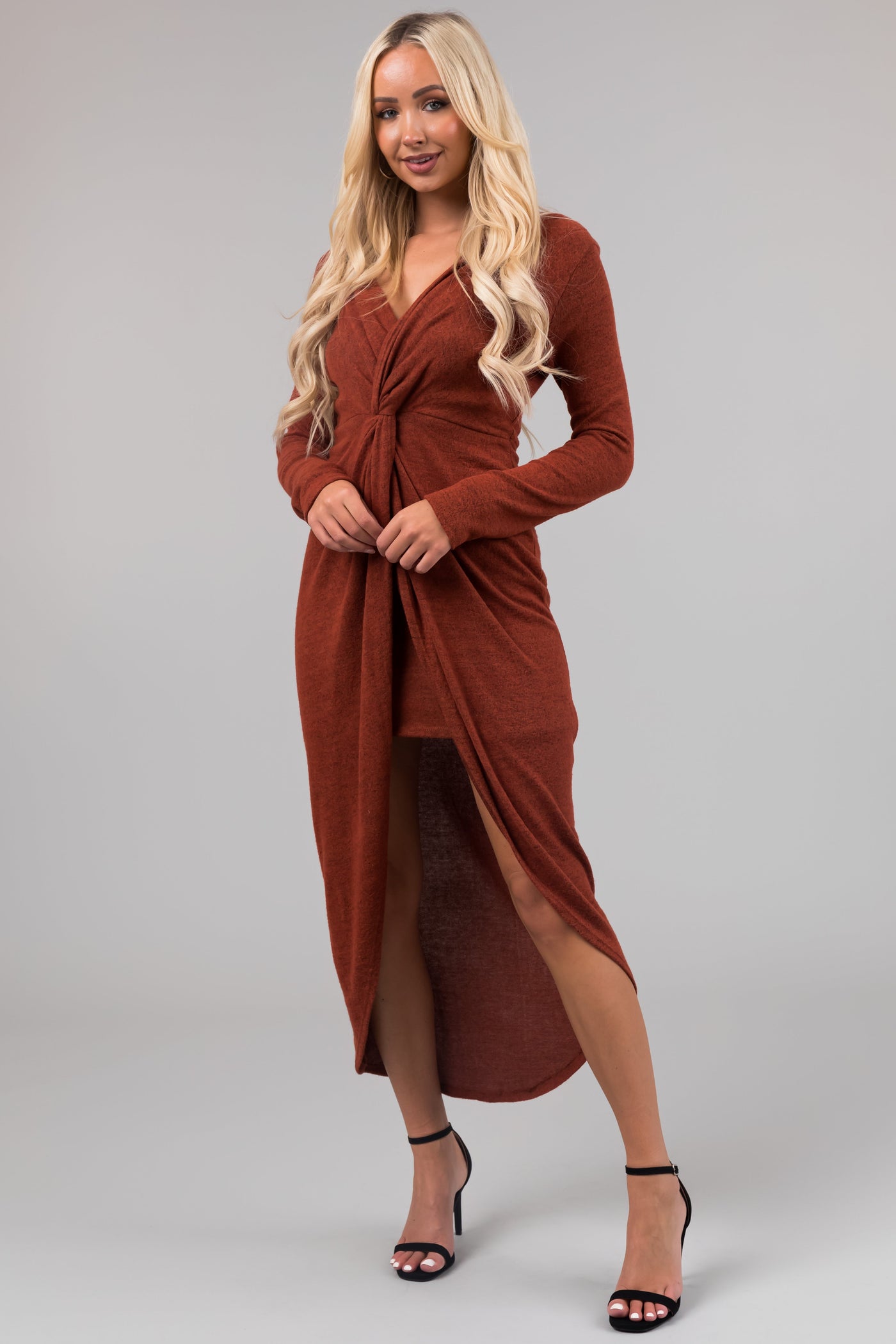 Chloe Rust Two Tone Long Sleeve Twist Knot Midi Dress