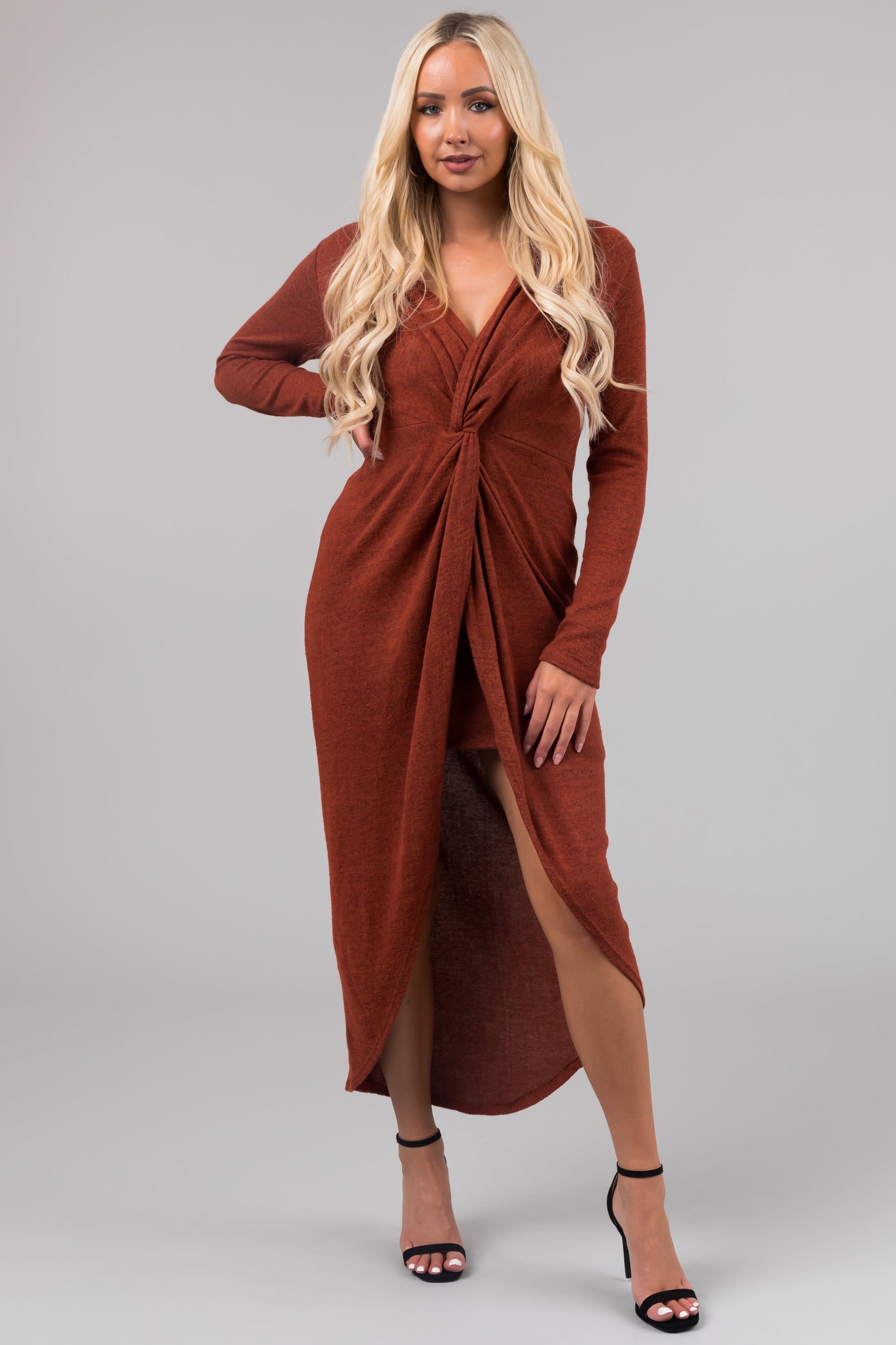 Chloe Rust Two Tone Long Sleeve Twist Knot Midi Dress