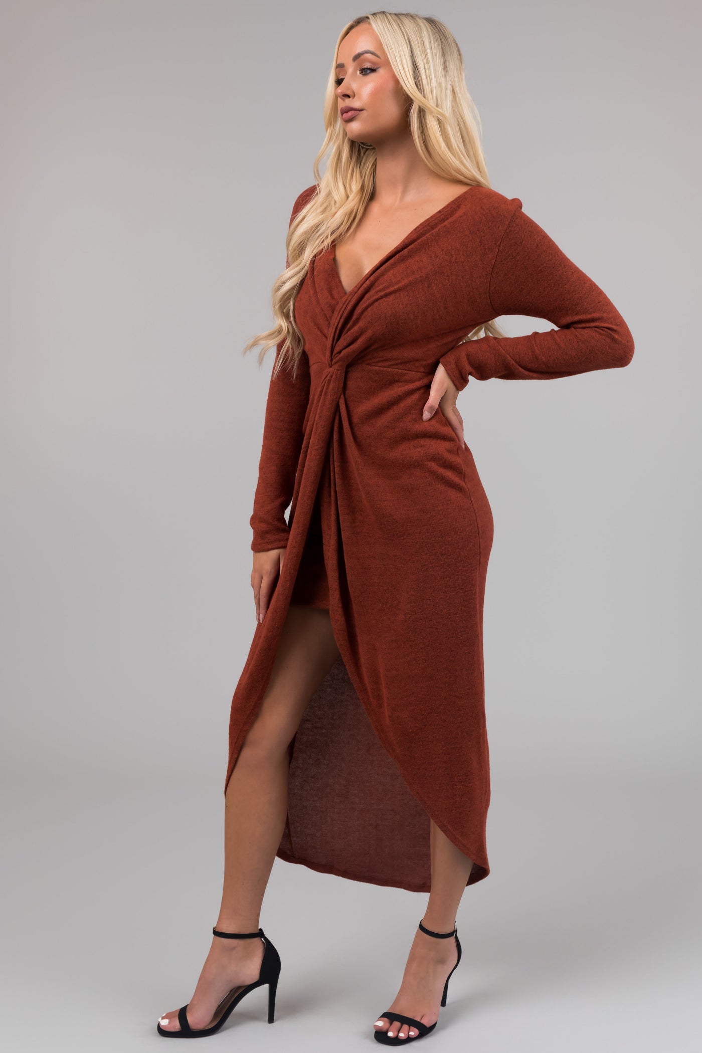 Chloe Rust Two Tone Long Sleeve Twist Knot Midi Dress