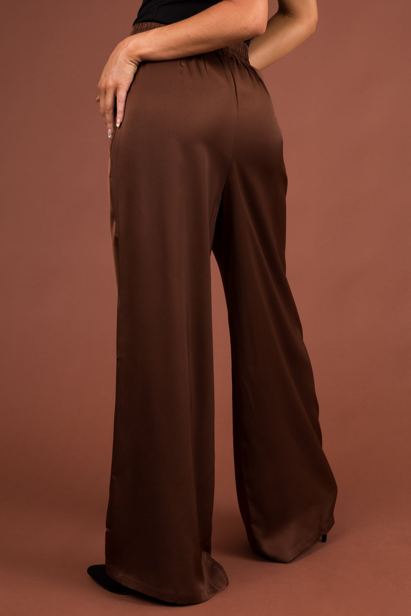 Chocolate Flowy Wide Leg Pull On Satin Pants