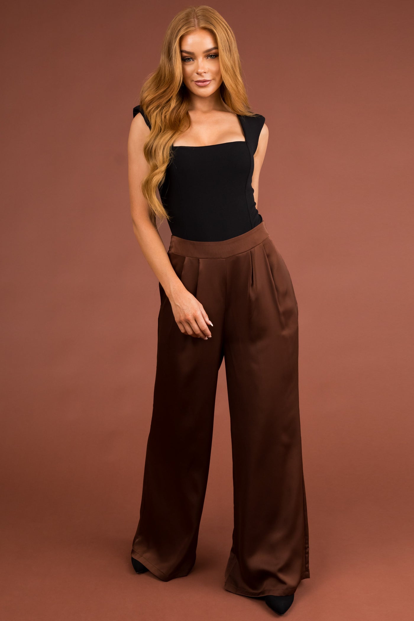 Chocolate Flowy Wide Leg Pull On Satin Pants