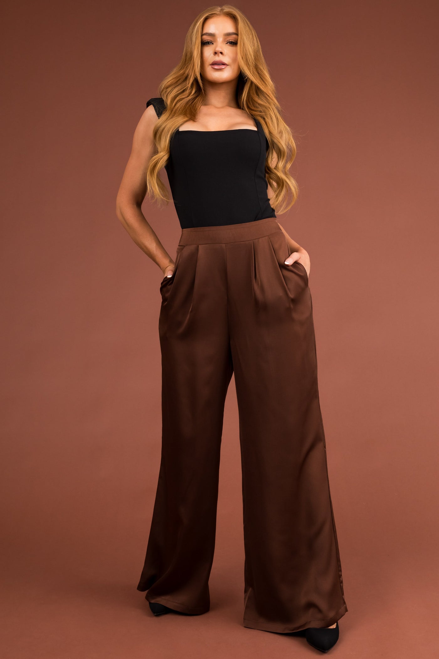 Chocolate Flowy Wide Leg Pull On Satin Pants