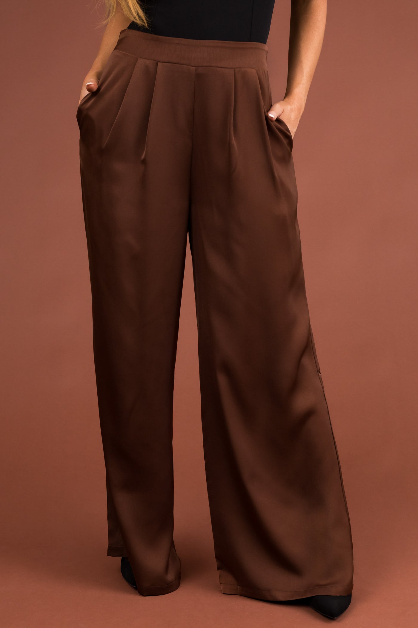Chocolate Flowy Wide Leg Pull On Satin Pants