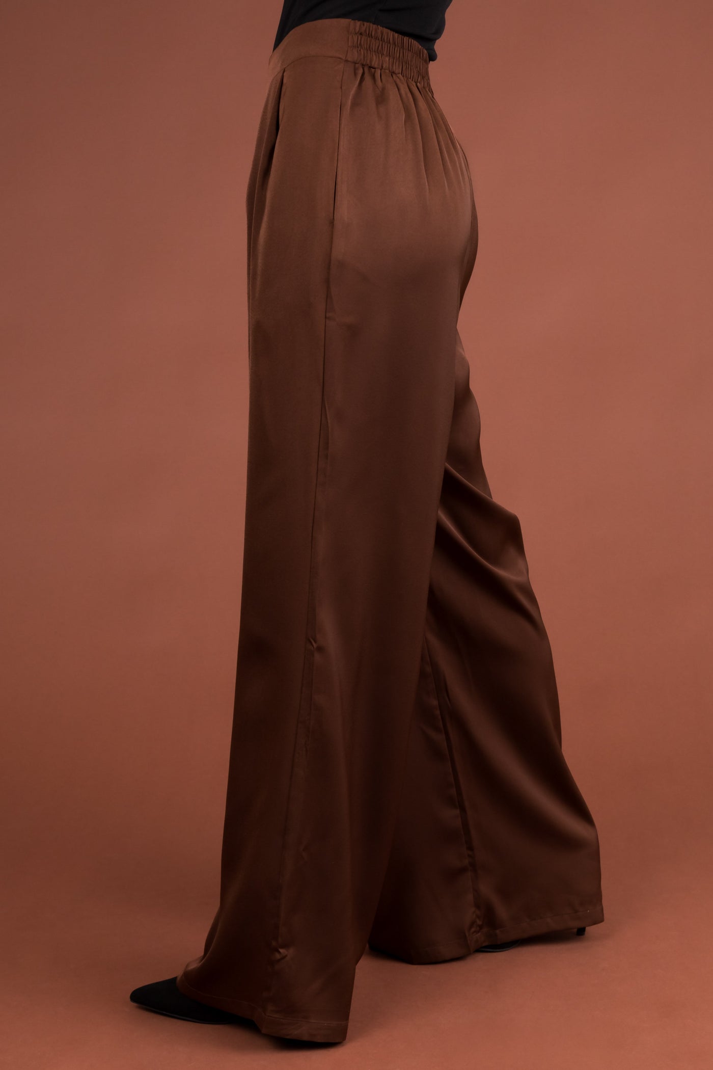 Chocolate Flowy Wide Leg Pull On Satin Pants