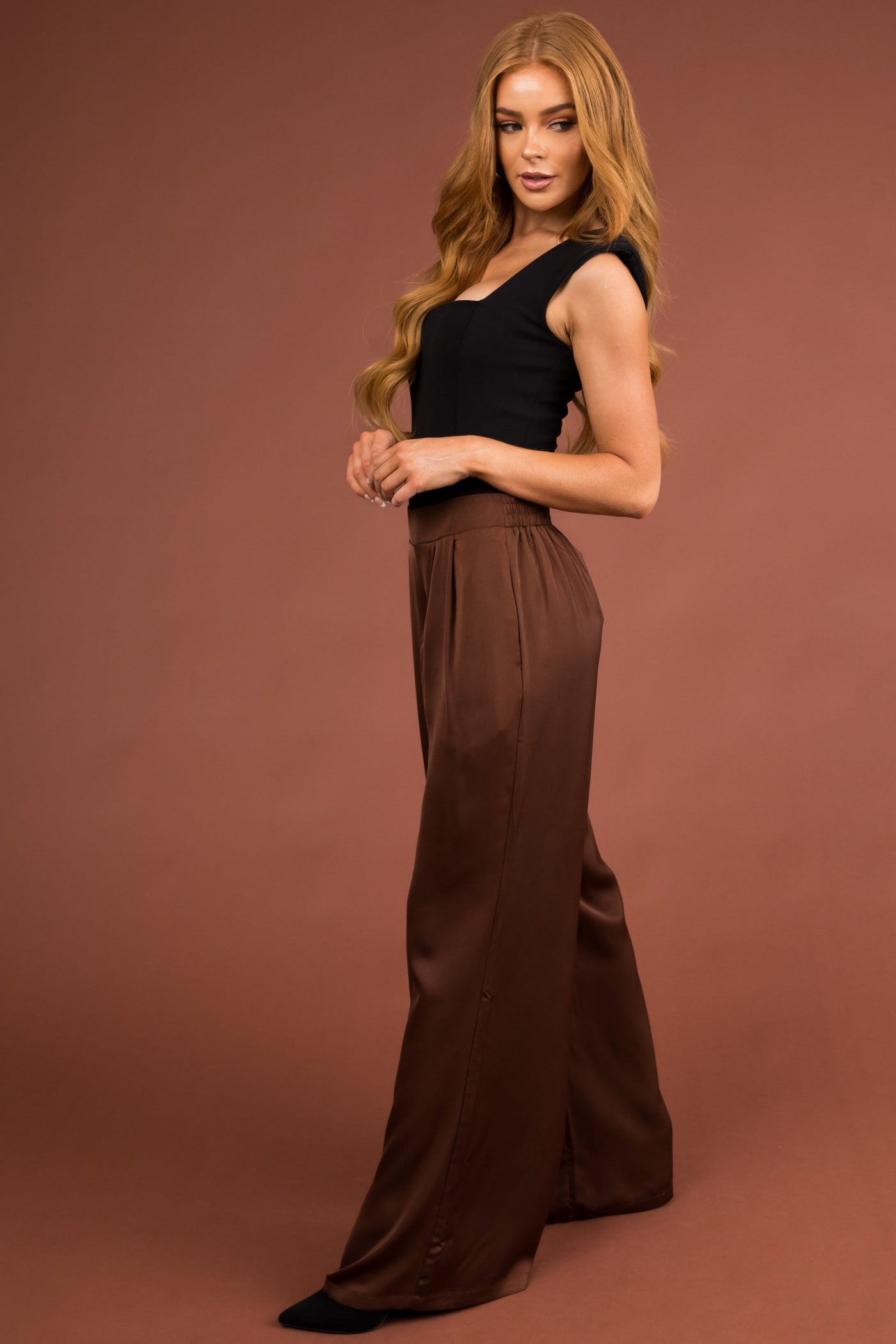 Chocolate Flowy Wide Leg Pull On Satin Pants