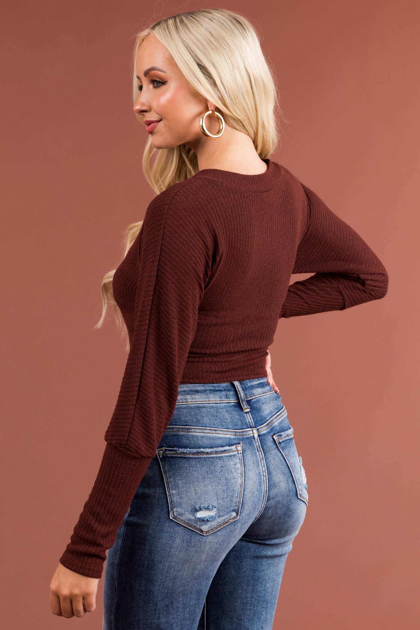 Chocolate Long Sleeve Surplice Ribbed Bodysuit
