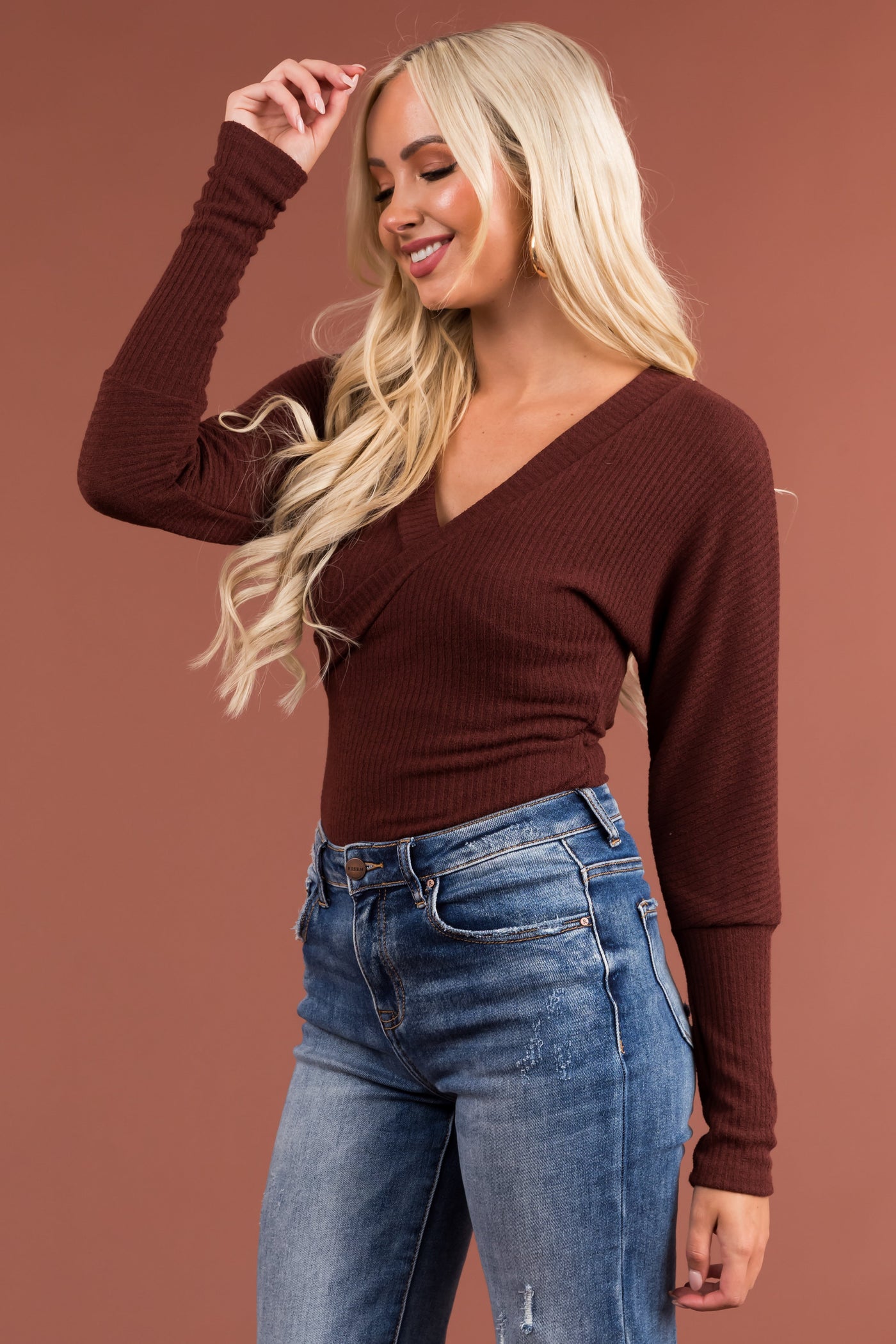 Chocolate Long Sleeve Surplice Ribbed Bodysuit